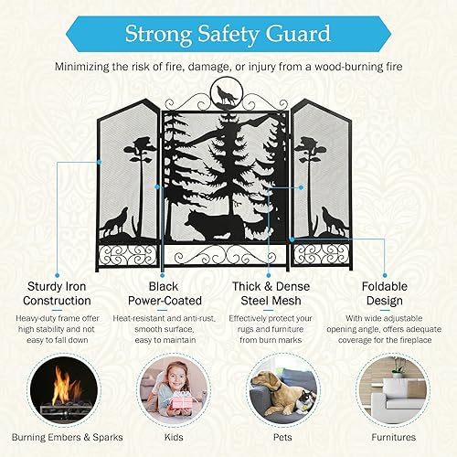 Miniatura 4 de IRONWALLS Pantalla negra para chimenea, 41.7 pulgadas de largo x 31.5 pulgadas de alto, cubierta plana plegable de hierro con protección contra