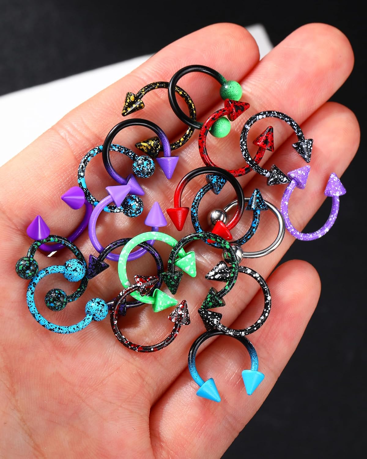 Jewseen 20pcs Septum Rings 16g 18g 20g Surgical Steel Circular Barbell Horseshoes Colorful Balls & Spikes Lip Rings - Image 2