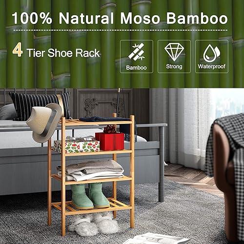 Miniatura 32 de Zapatero de bambú de 2 niveles para entrada, apilable, resistente, multifuncional, zapatero independiente para dormitorio, pasillo, armario Natural