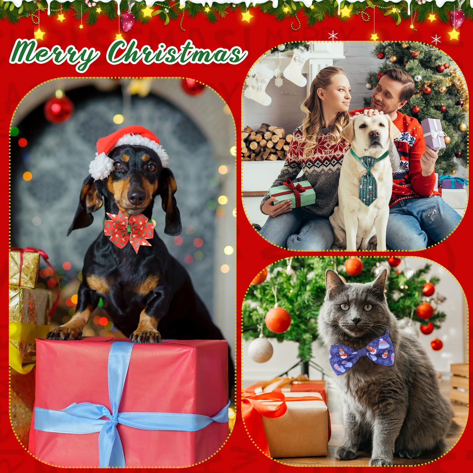 Abbylike 300 Stück Weihnachts-Hunde-Fliegen-Halsbänder-Set enthält 100 Hunde-Fliegen, 100 Schleifen-Halsbänder, 100 Hunde-Krawatten mit verstellbarer Schnalle, Weihnachtszubehör für Hunde und Katzen,