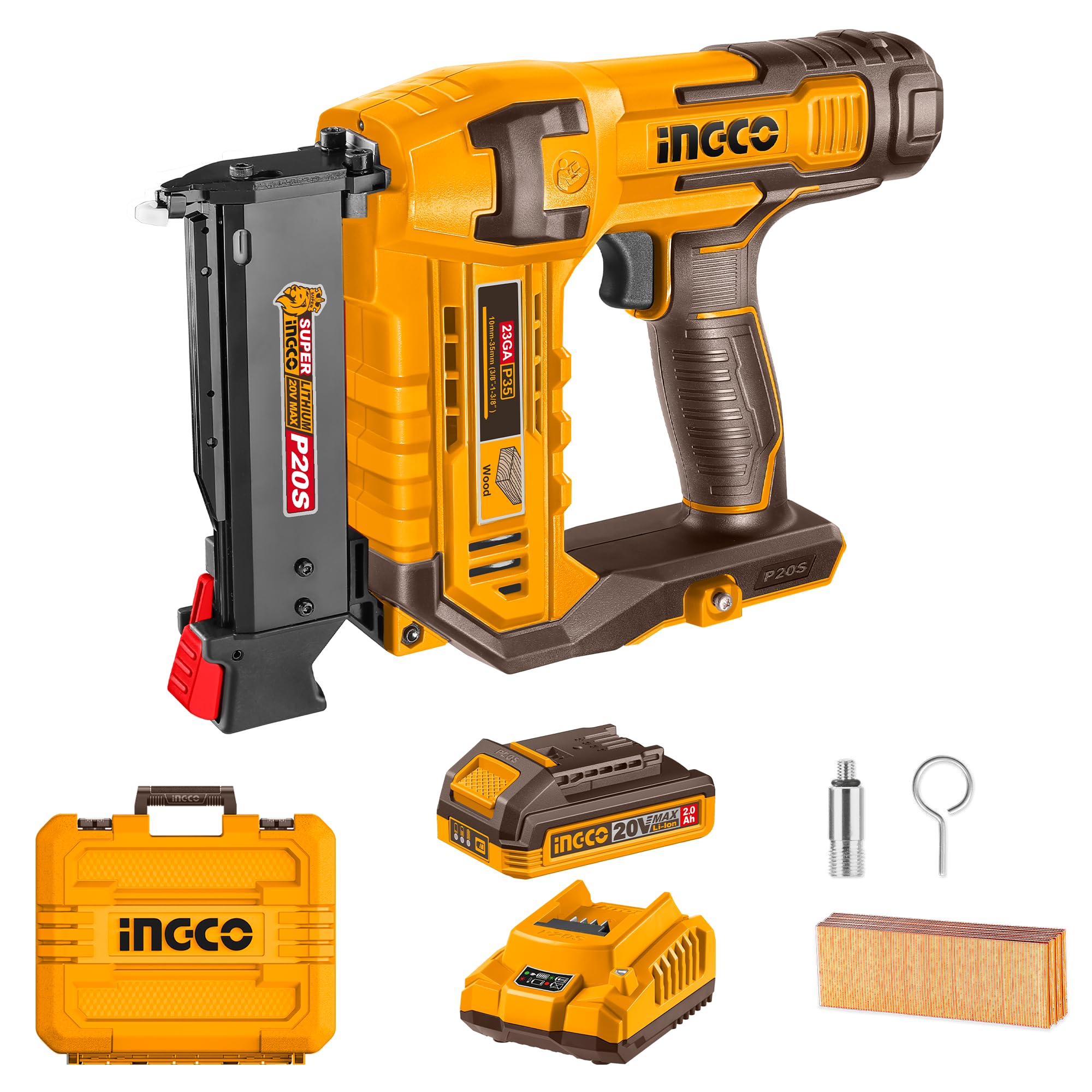 INGCO 20V Cordless Electric Pin Nailer, 23 Gauge, 3 Nails/s, 3/8" to 1-3/8" Nails with 1Pcs 2.0Ah Battery and 1Pcs Charger CBNLI3606