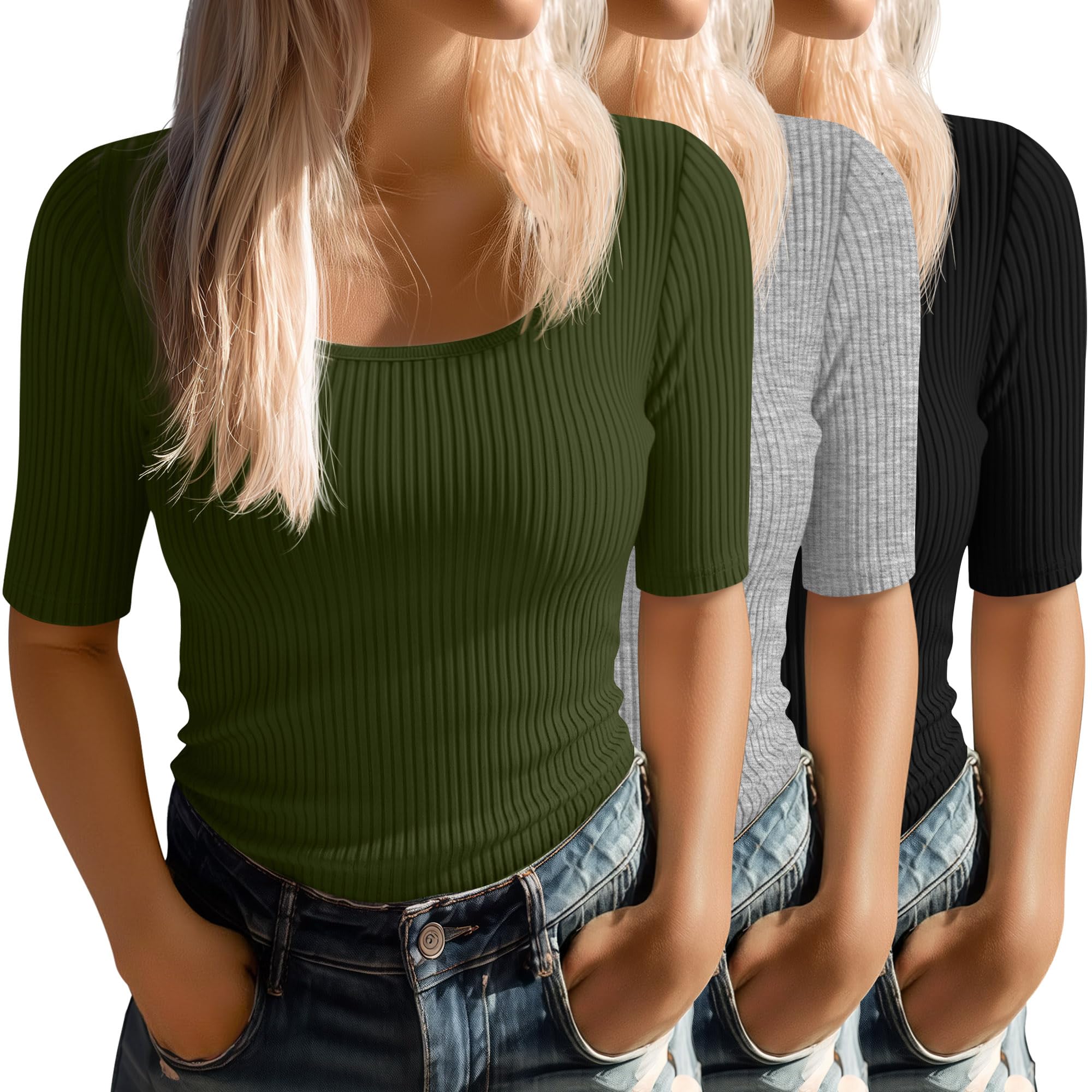 Ficerd 3 Pack Women's Half Sleeve Tops Ribbed Elbow Length Shirts Scoop Neck Slim Fit Summer Basic Tee Trendy Casual Blouses