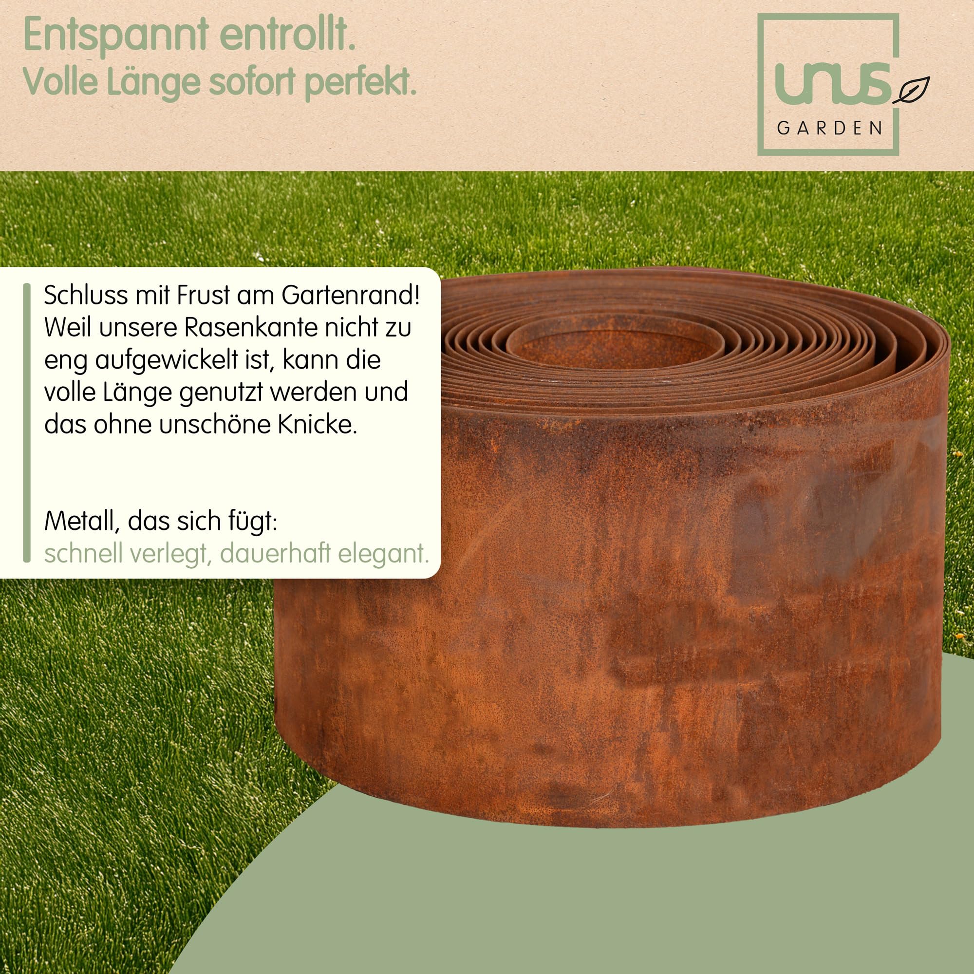 UNUS Rasenkante aus Cortenstahl 10 m x 14 cm Flexible Beetumrandung wetterfestes Metall Beeteinfassung für Garten, Beet, Rasen und Wege inkl. Handschuhe