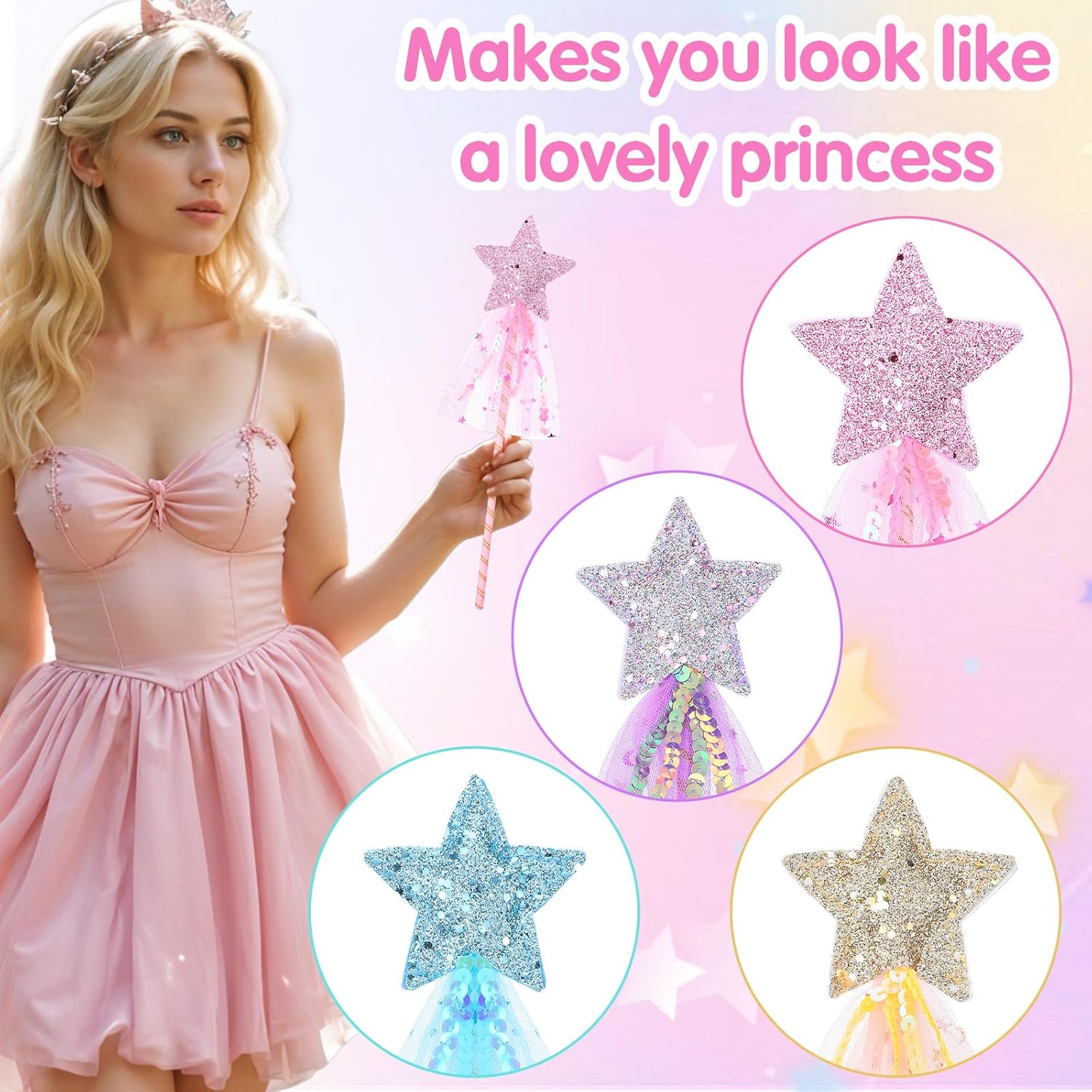 24 Pcs Glitter Star Magic Wand Princess Wand Fairy Angel Star Stick for Halloween Birthday Wedding Princess Dress up Role Play Party Supply Favor, Pink Purple Gold Blue