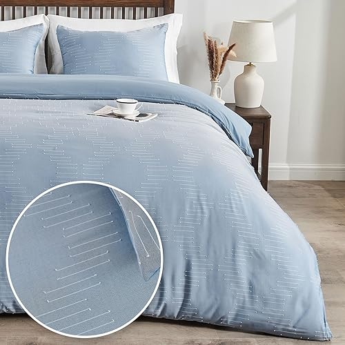 Ailemei Direct Funda de edredón tamaño Queen, funda de edredón copetuda, color gris, azul mezclilla, transpirable y suave en estilo bohemio, juego