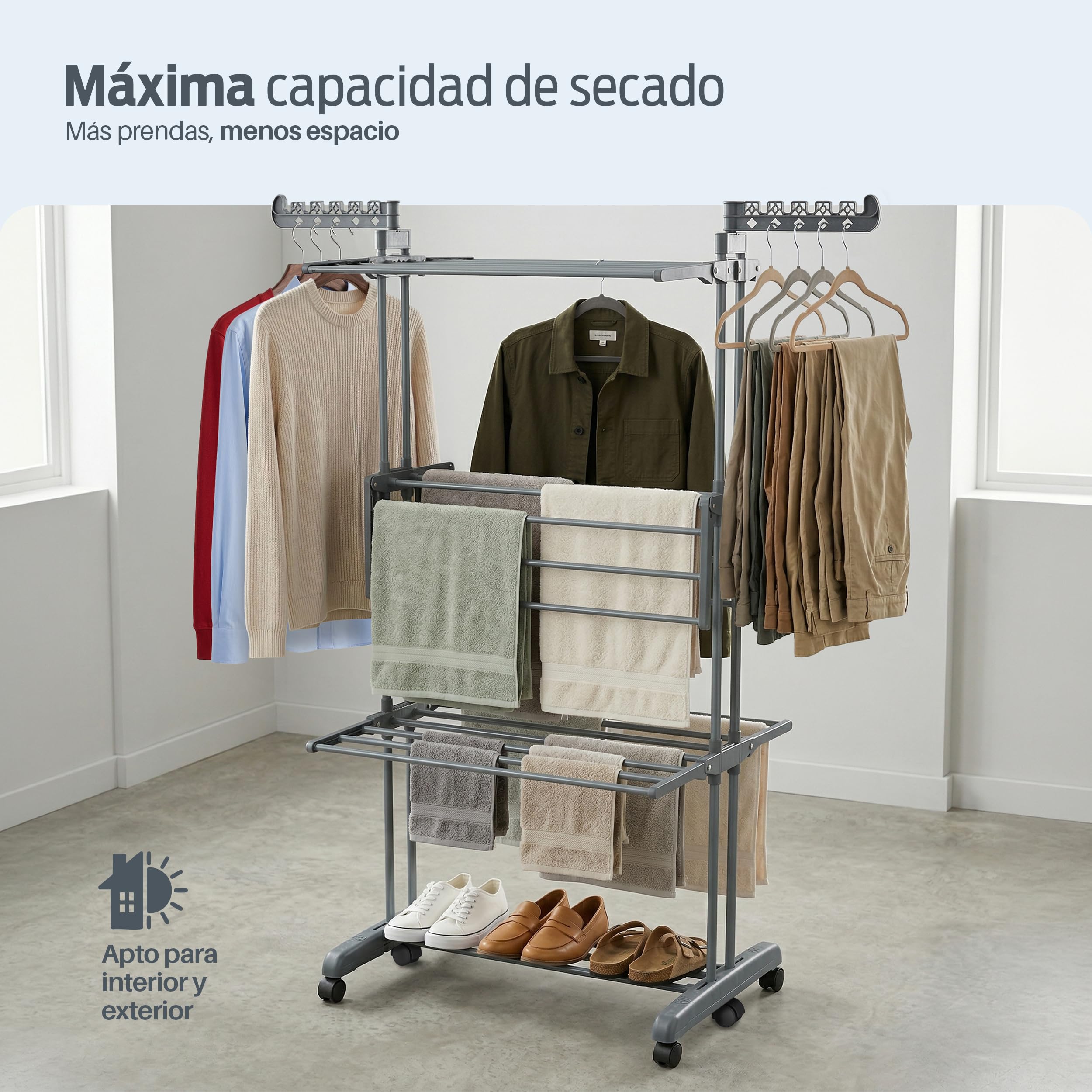 PORTENTUM Tendedero Vertical Plegable con 4 Niveles y 24 Barras de Secado – hasta 40 kg – Tenderete con 2 Accesorios para Calcetines y 2 alas Laterales para Perchas – Ruedas giratorias con Freno