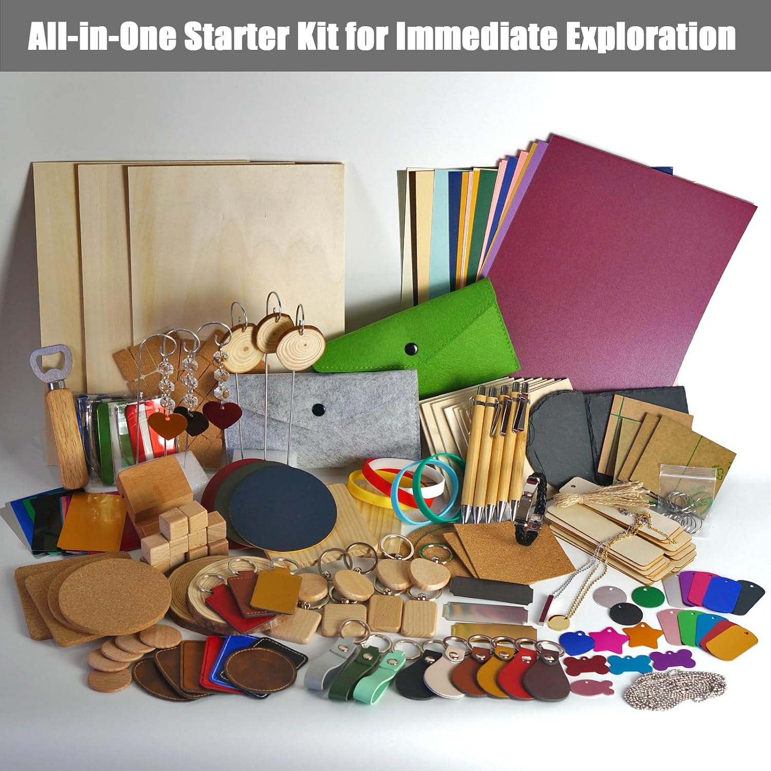Leafcraft 218PCS Laser Engraving Material Explore Kit, 31 Kinds Laser Cutting Engraving Accessories Include Acrylic, Metal, Wood, Felt, PU Leather, Cork, Rock, Rubber for Engraver Machine DIY Crafting