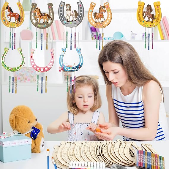 gisgfim 16 Pack Horse Crafts for Kids Wind Chime Kits Make Your Own Horseshoe Wind Chime Ornament Unfinished Wooden DIY Coloring Horse Art Craft for School Home Hanging Decor Birthday Supply Favor
