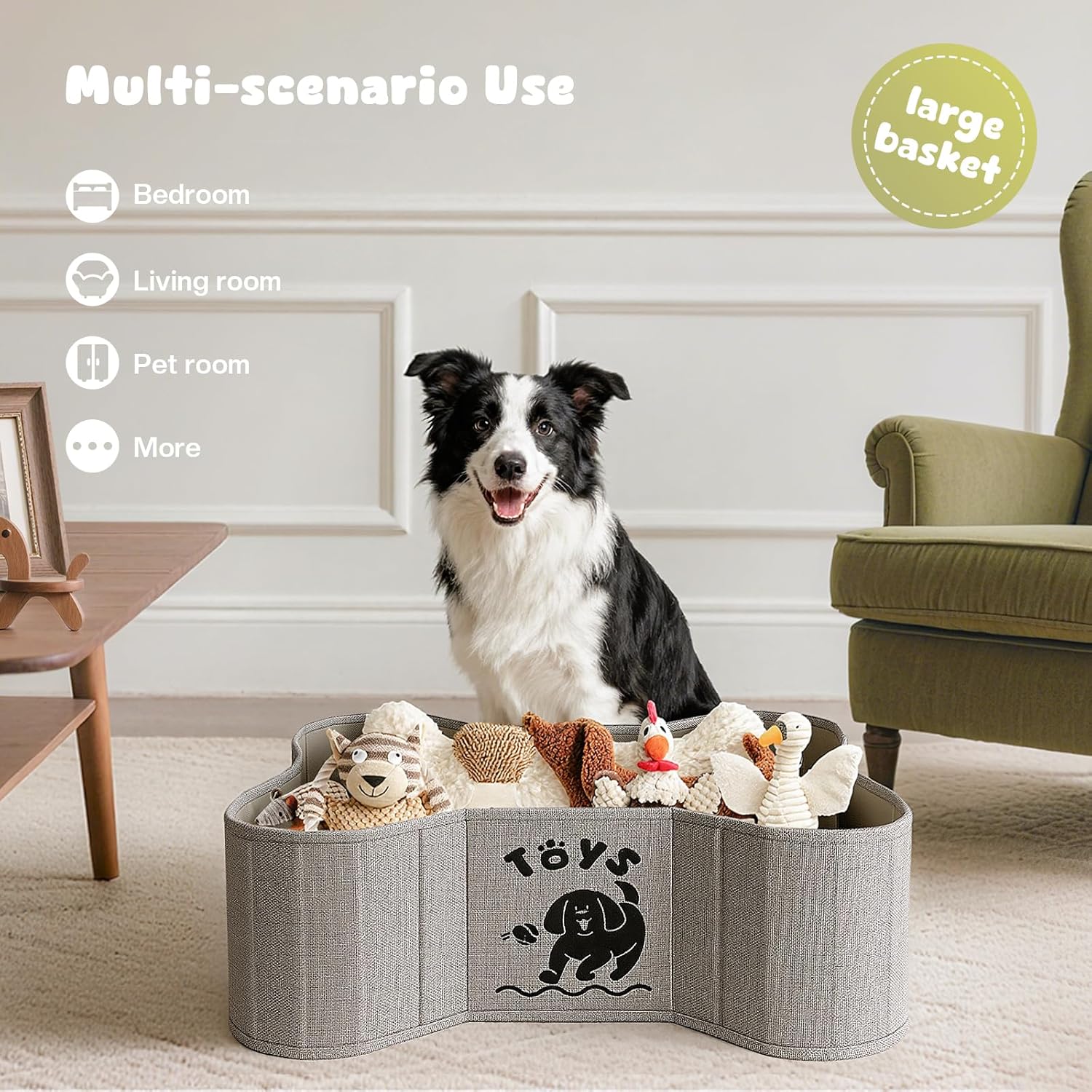 39L Dog Toy Basket, Collapsible Dog Bone Baskets for Toys, Dogs Storage Organizer with PU Handles, Pet Toys Basket with Bone Shape Design, Toy Baskets for Dogs, Gray, 22" x 14.4" x 7.5"