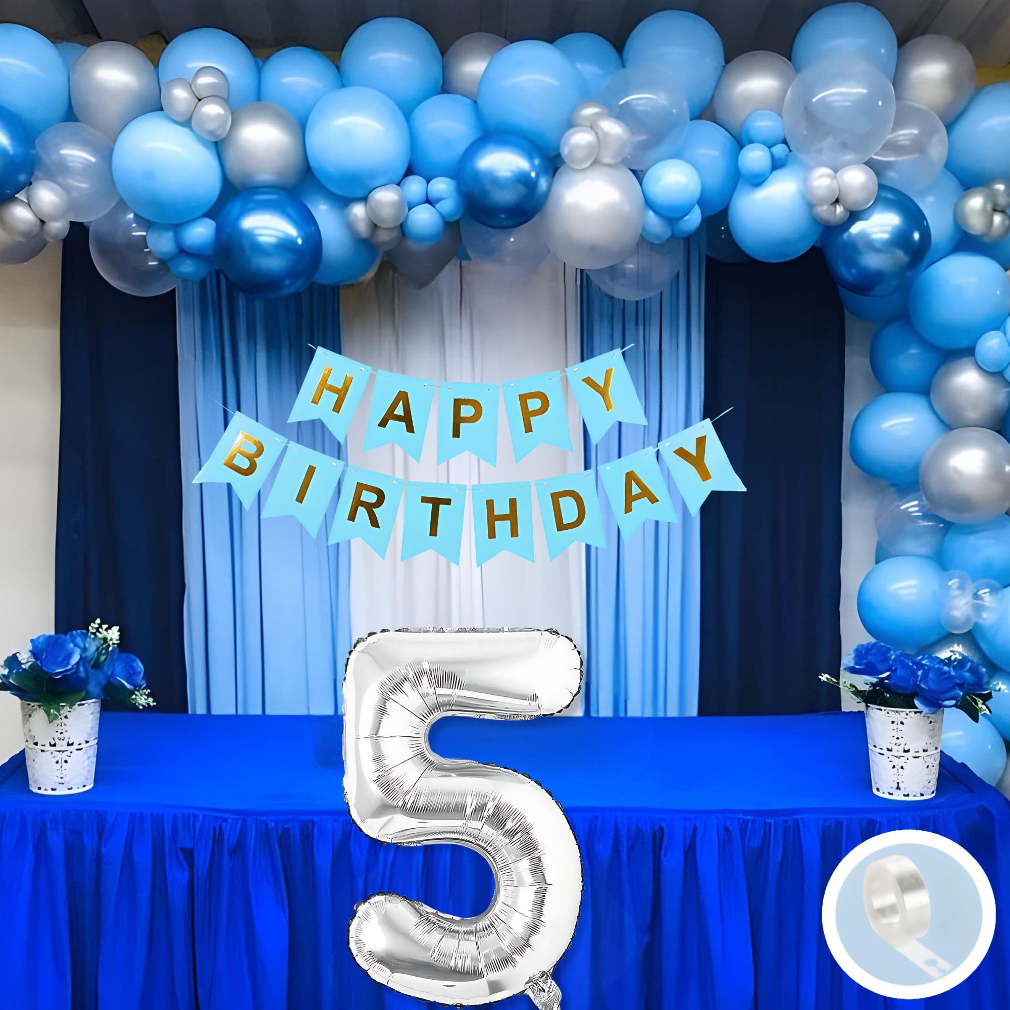 Flyloons 5th Happy Birthday Decoration White and Blue Theme Combination for Boys Girls Kids | 30 Pcs Blue White Silver Color Balloons | Blue Happy Birthday Paper Banner | Arch Tape-image-49