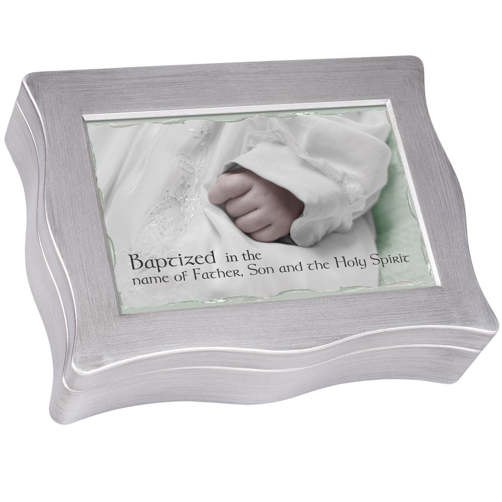 Cottage Garden Baptism Baptized in The Name Brushed Silvertone Jewelry Music Box Plays Baby Mine