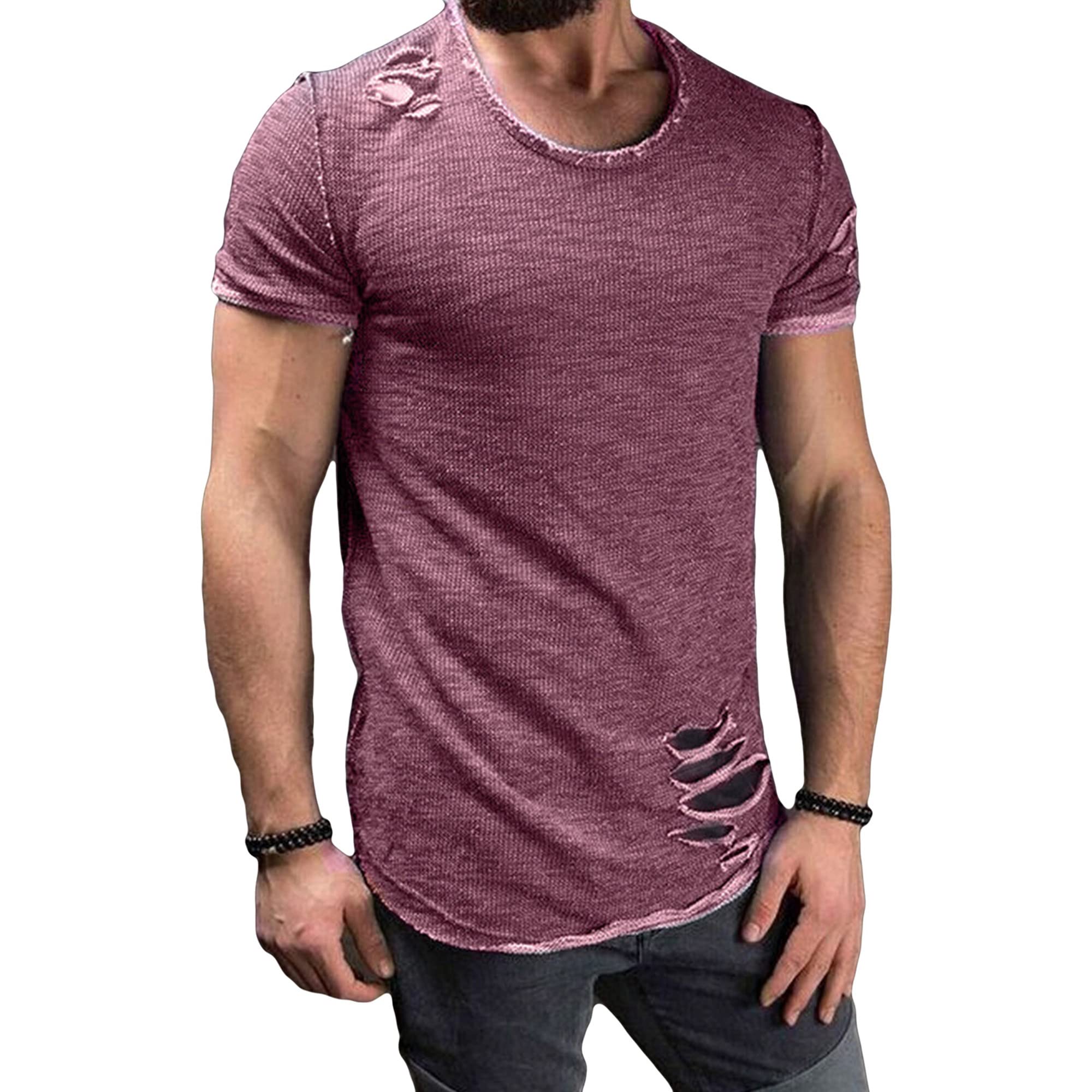 JEsilunmaMY Mens Casual Distressed Ripped T-Shirts Short Sleeve Crewneck Hip Hop Hole Tees Solid Color Workout Gym Shirts