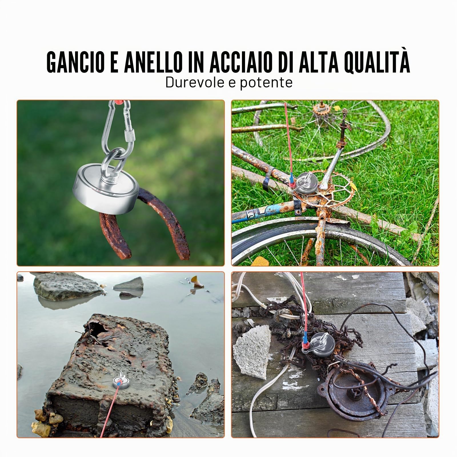 VEVOR Kit da Pesca con Magnete Bifacciale Capacità Carico max. 272x2kg in Totale, Kit da Pesca con Magnete al Neodimio con Corda, Kit di Magnete a Doppia Faccia per Pesca Caccia al Tesoro Sott'Acqua