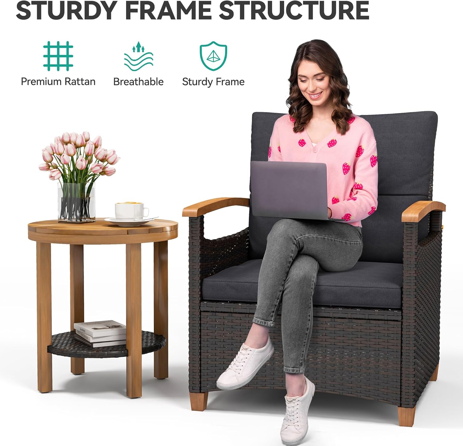 YITAHOME Wooden Armrest 3-Piece Patio Bistro Set, Wicker Bistro Set with Soft Cushions Comfort for Backyard, Balcony and Deck, Wooden Armrest and Side Table, Brown+Charcoal Gray