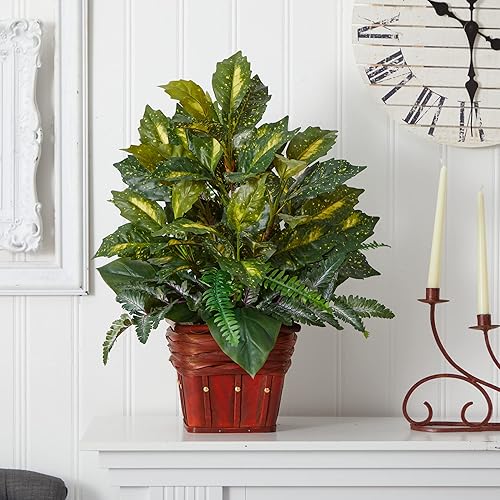 Miniatura 3 de Nearly Natural 6527 Verdes con planta decorativa de seda de mimbre, verde 30 x 9 x 7.5 pulgadas