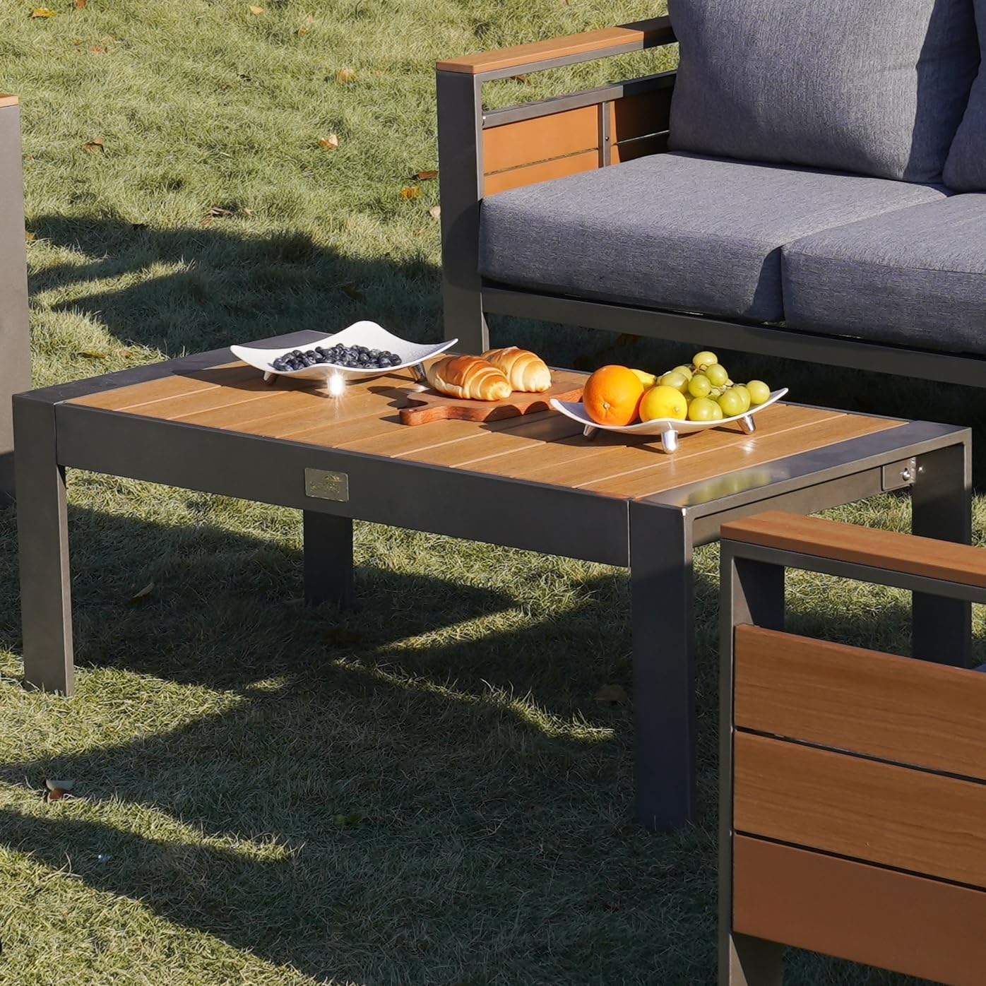 Sundale Outdoor Patio Coffee Table, Rectangble Outdoor Coffee Table with Glitter Shimmer Coated Aluminum Frame and Wood-Like Top, All Weather Patio Table for Patio, Balcony, Deck