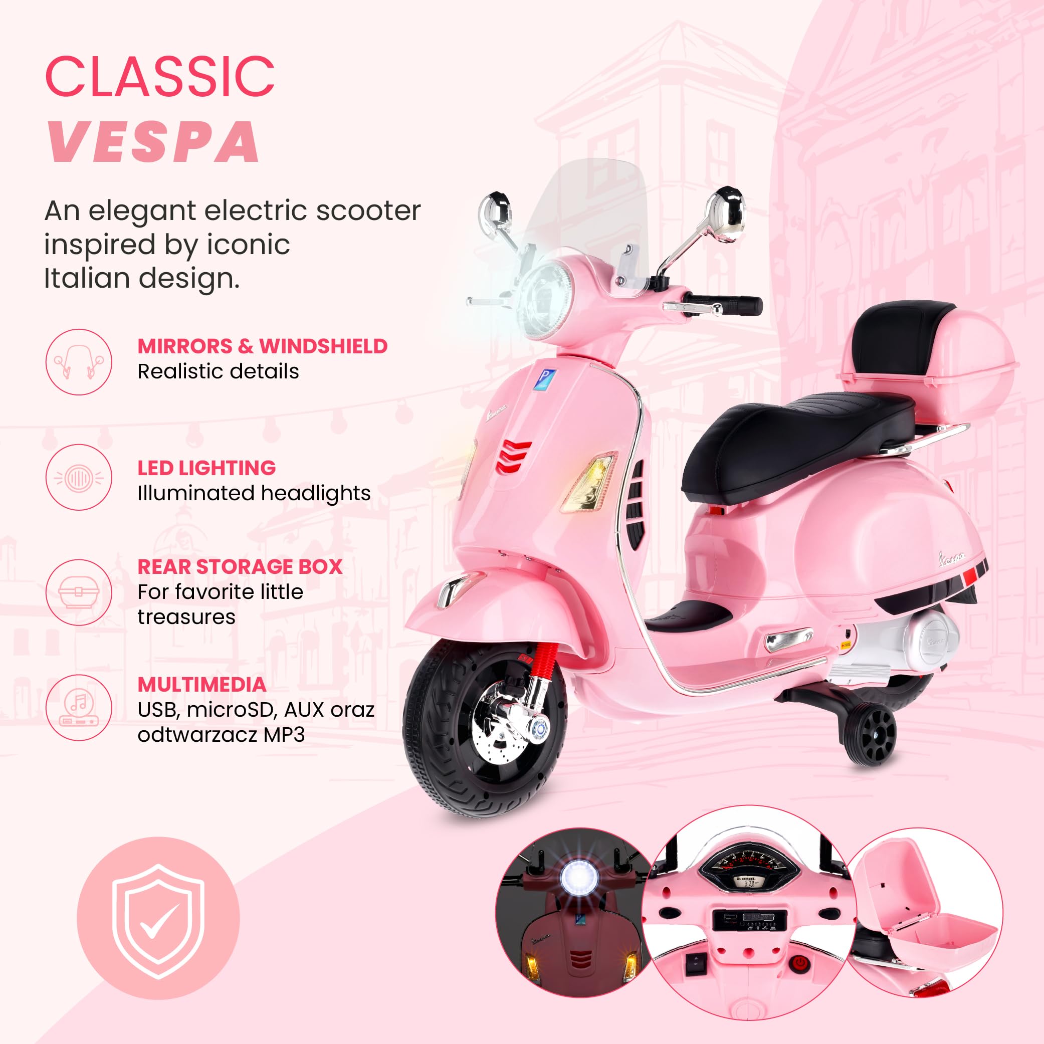 Moto Eléctrica Vespa para Niños con Ruedas y Asiento de plástico, Maletero, Reproductor MP3, Toma AUX USD MicroSD (Rosa Claro)