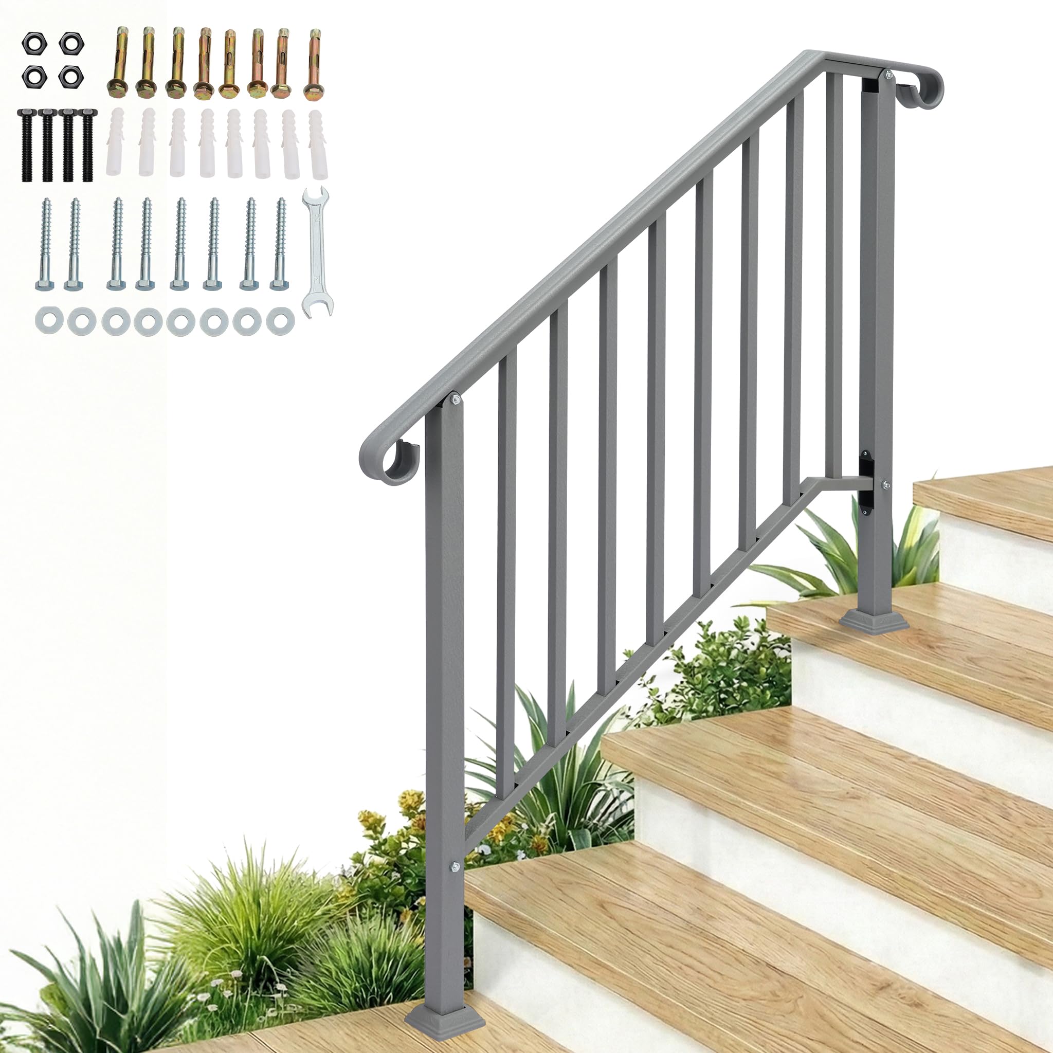 Outopee 3 Level Outdoor Handrail, Galvanized Iron Exterior Handrail, Fit 3 or 4 Steps Stair Railing, Banister with Installation Kit for Stairs, Garden, House Entrance, Backyard & Balcony, Sliver