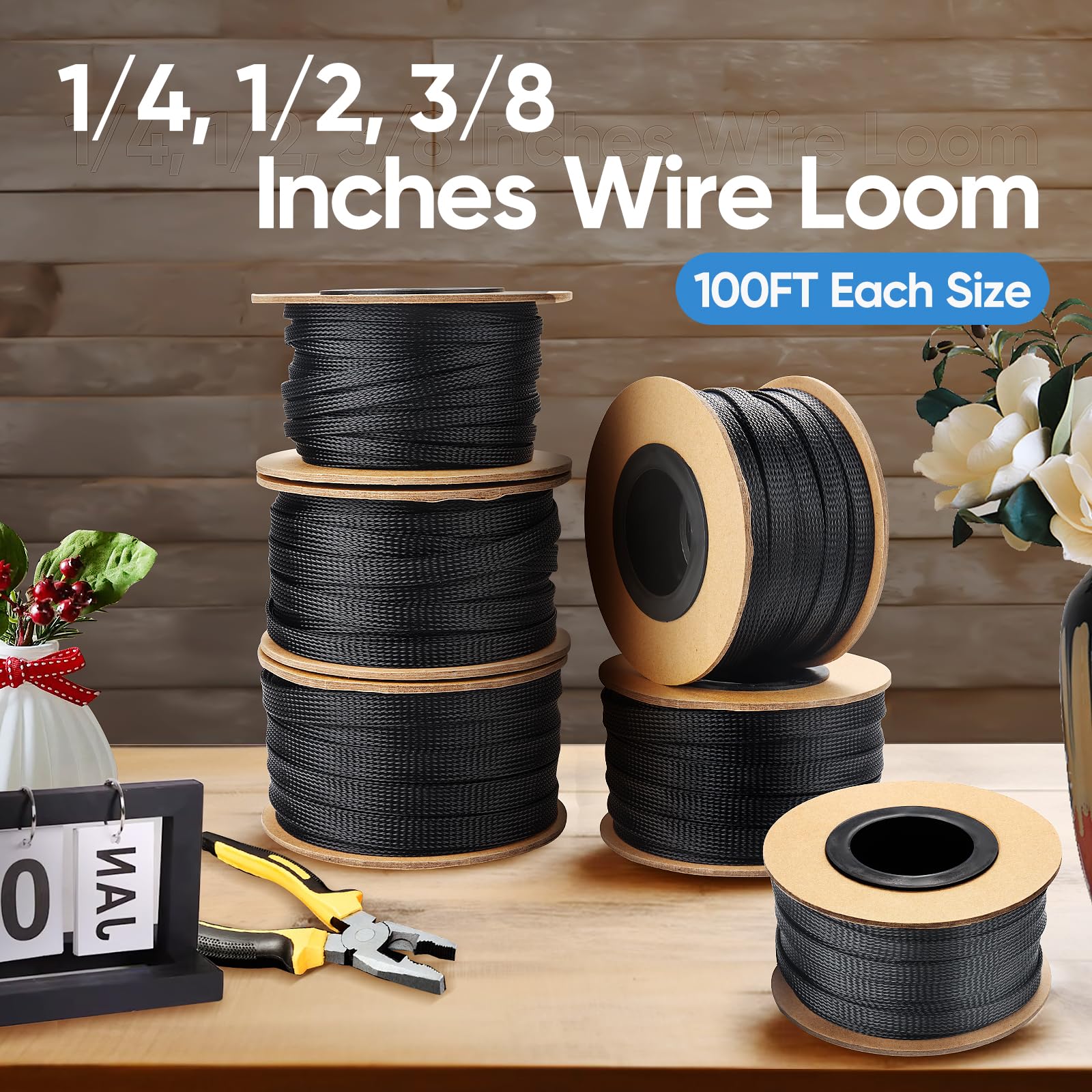 300 Feet 1/4, 1/2, 3/8 Inches Braided Wire Loom PET Cable Loom Expandable Sleeving Braided Sleeve for TV, Computer, Home Theater