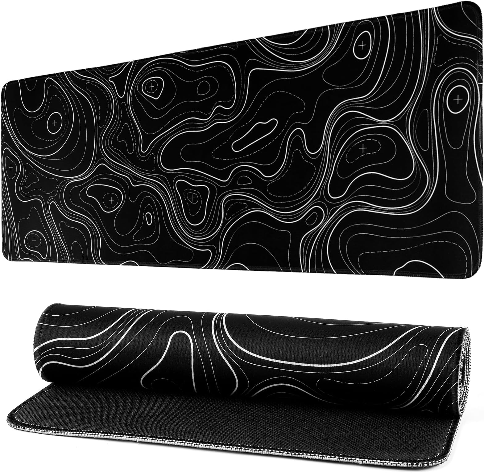 Gaming Mouse Pad Topographic Contour Large Desk Mat Long Computer Keyboard Mouse Mat Mousepad with Slip Base Desk Pad Edge for Home Office Work (Black)