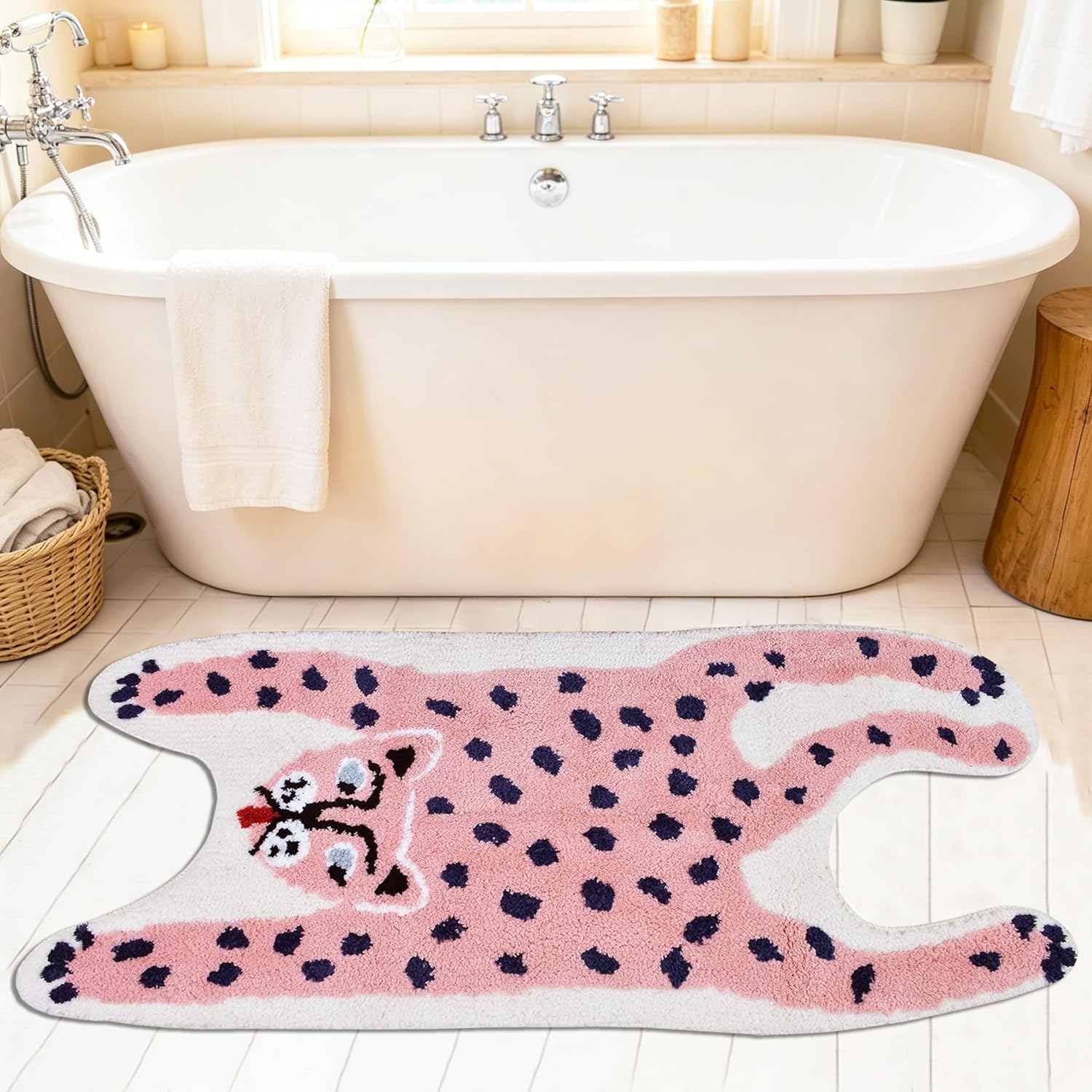 Leopard Shape Playroom Rug Pink Mat Cartoon Non-Slip Door Mat Cute Area Rug Animal Pattern, Washable Mats for Kids Room, Water Absorption Rugs