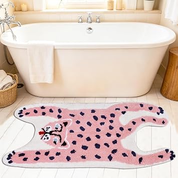 Leopard Shape Playroom Rug Pink Mat Cartoon Non-Slip Door Mat Cute Area Rug Animal Pattern, Washable Mats for Kids Room, Water Absorption Rugs