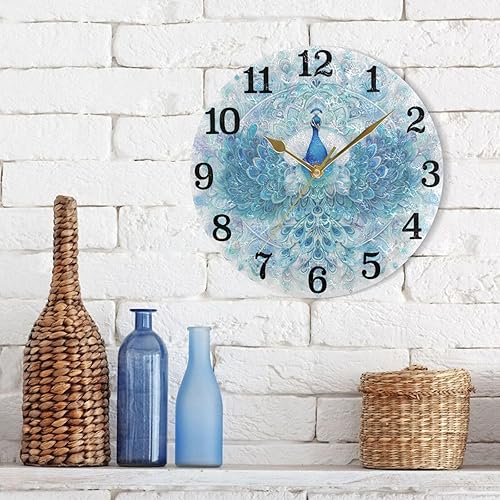 Miniatura 7 de KLL Mandala Peacock Pattern Blue 10 Inch Round Wall Clock Retro no Ticking Noise Deco for Dining Room School Bathroom reloj de pared para cuartos