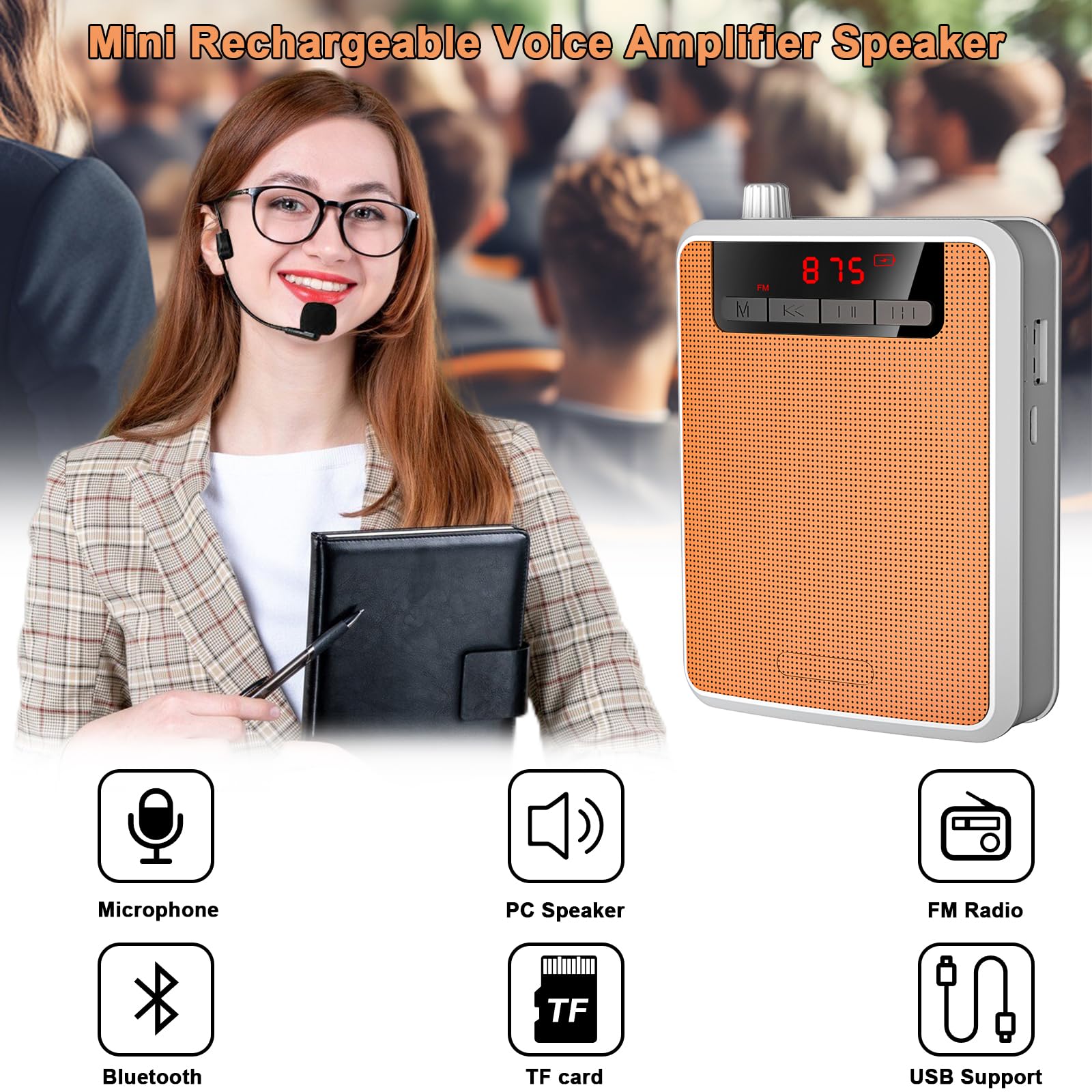 Voice Amplifier?Professional Mini Portable lotmusic Microphone Amplifier Speaker Rechargeable Wired Microphone Headset, Personal for Teacher Classroom Outdoor Meeting Tour Guides (Orange)