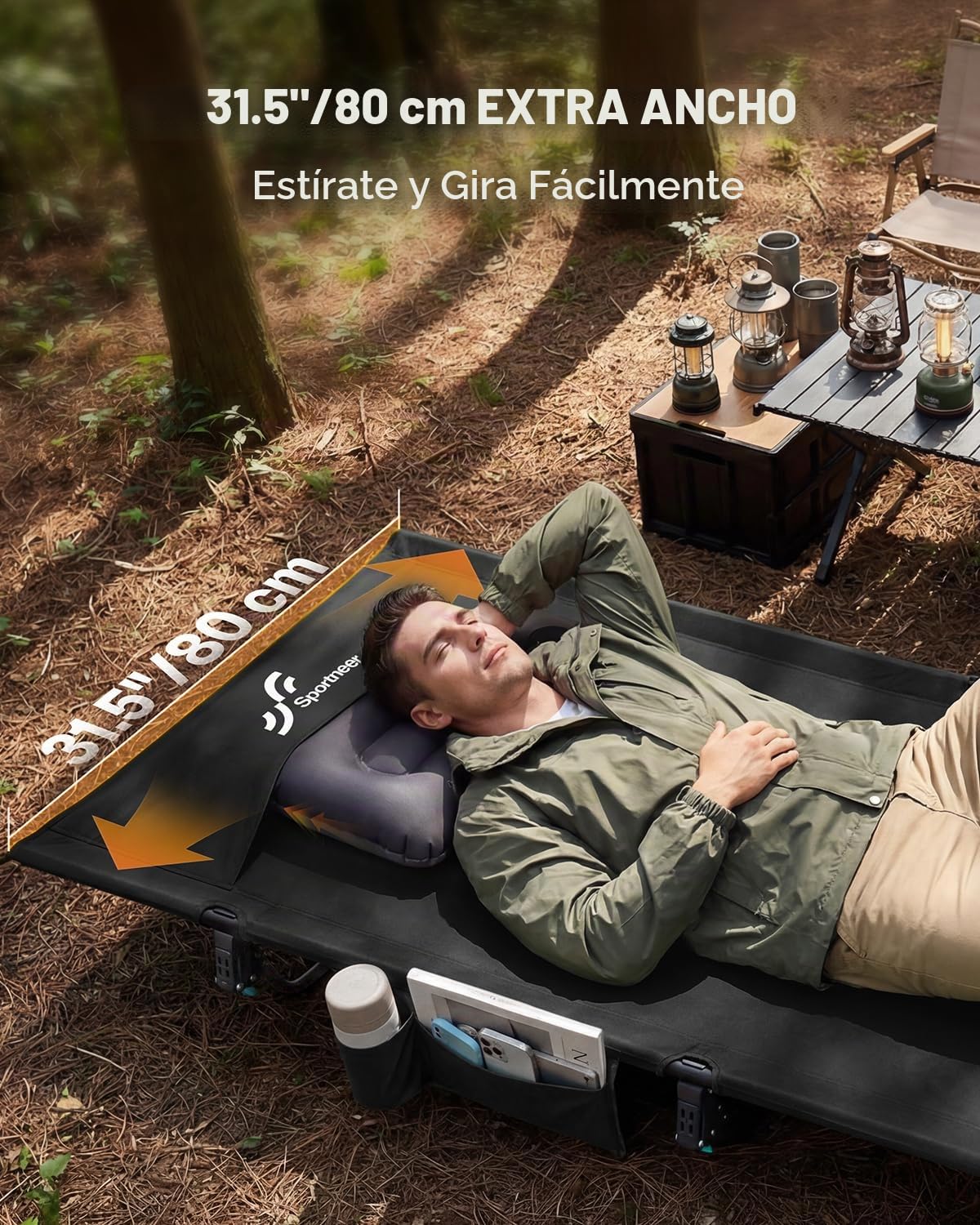 Sportneer Cama de campo plegable, 70/80cm Ultra Ancho XXL Cama de camping plegable, ligera, hasta 150kg para acampar, senderismo, viajes con mochila, camping