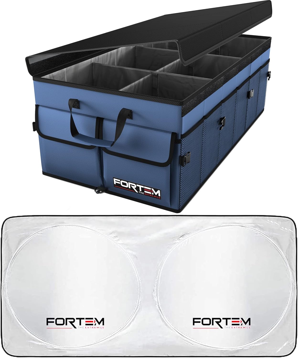 FORTEM Car Trunk Organizer (Blue, Extra Large) + Large Windshield Sun Shade