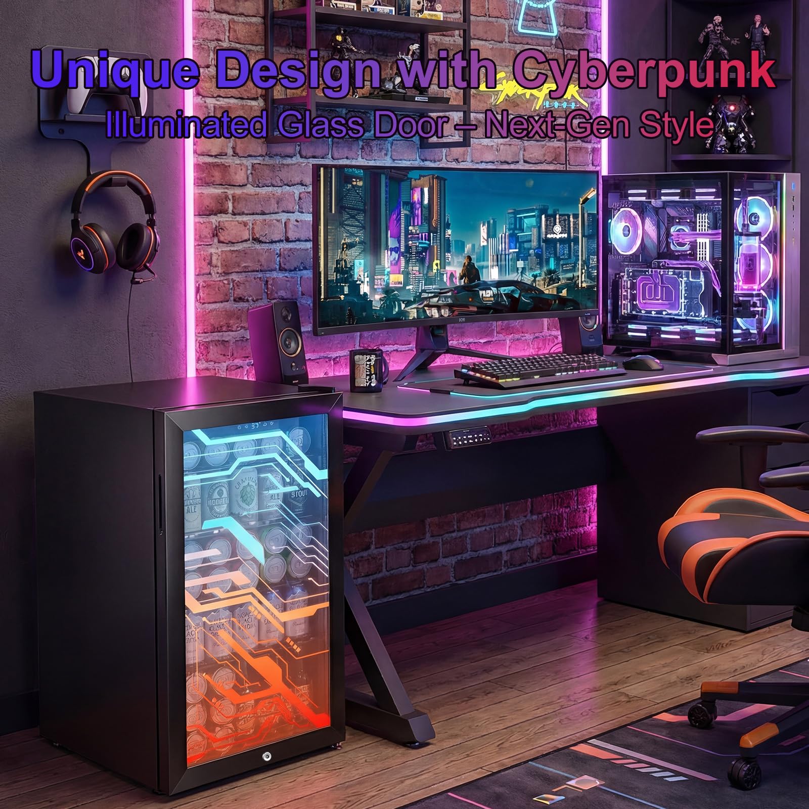Velieta Beverage Refrigerator With LED Light Up Door – 128 Can Freestanding Drink Fridge, Small Beer Cooler With 4 Removable Shelves, Child Safety Lockfor Gaming Room Home Bar Party,Cyberpunk on Fridge.com - View 2