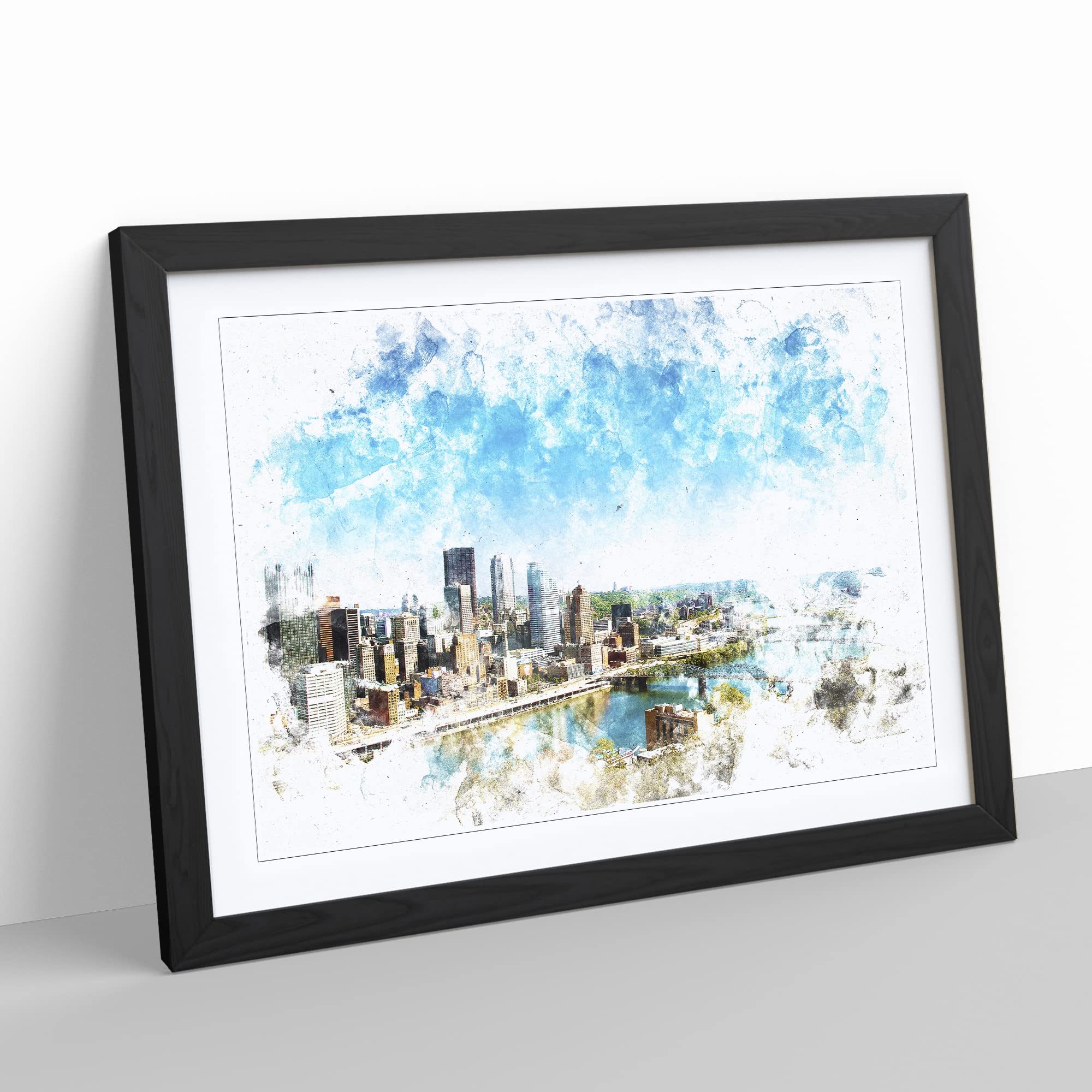 Skyline Of Pittsburgh Pennsylvania Watercolour Modern Framed Print, Black, A3 (46 x 34 cm) - Image 2
