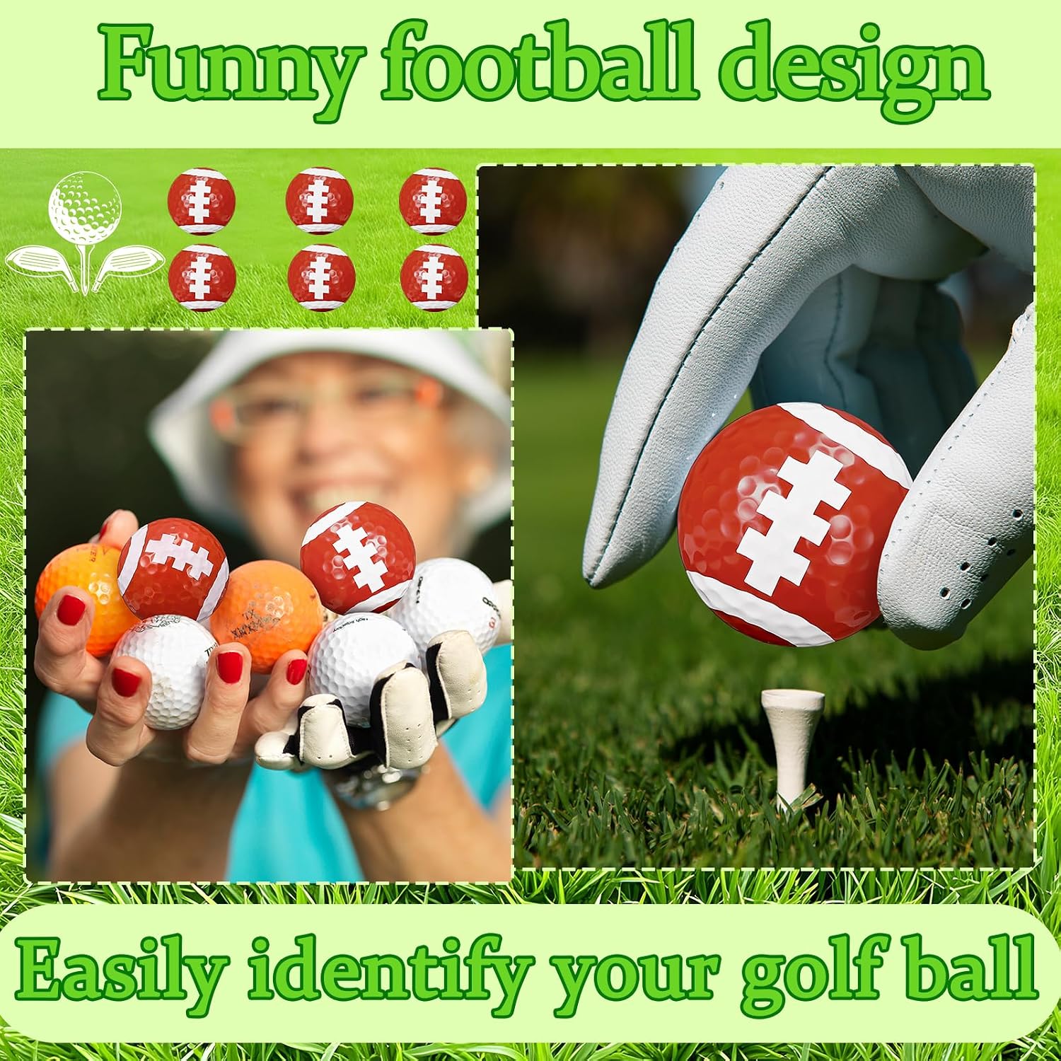 Simgoing 6 Pack Football Golf Balls, Novelty Funny Golf Balls for Men, Women, Golfers Lovers, Cool Football Design Birthday Gifts for Father, Golfing Accessories for Playing, Practicing, Bright Red