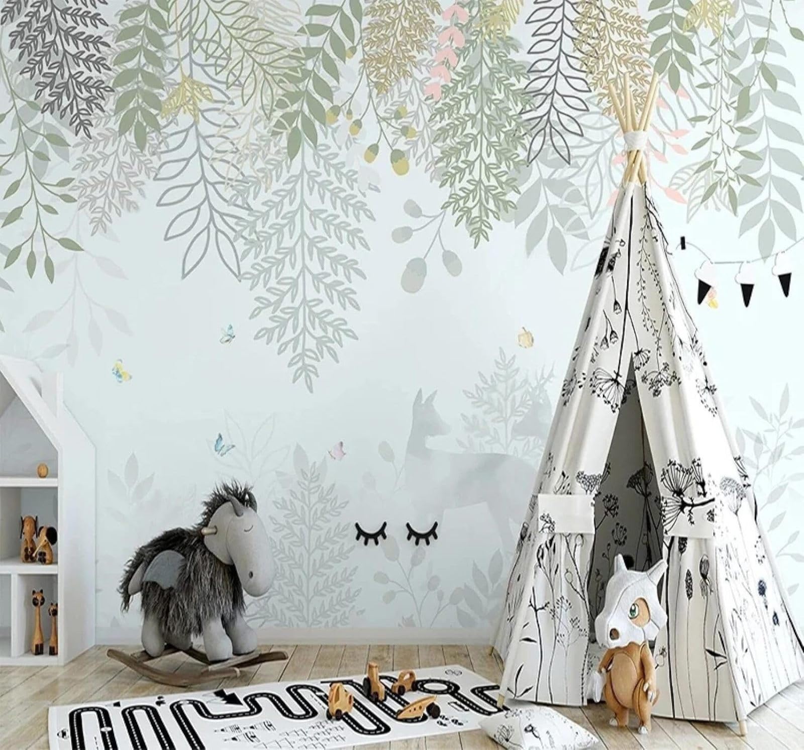 XLMING Fresh Leaves Butterflies Reindeer Jungle 3D Wallpaper Luxury Silk Study Dining Feature Sofa Grey Bedroom Living Room Tv Decorative Wall-400cm×280cm