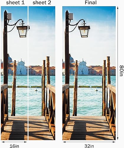 Miniatura 2 de FLFK Adhesivo mural para puerta, muelle antiguo, despegar y pegar, tamaño del campo, 32 x 80 pulgadas, dividido en 2 piezas