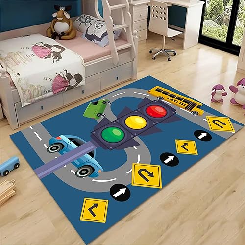 Miniatura 3 de LHOMKCV Alfombra de juegos para niños, 4 x 5 pies, tapete de juego con semáforos de coche de juguete, tapete de juego con señales de tráfico vial,