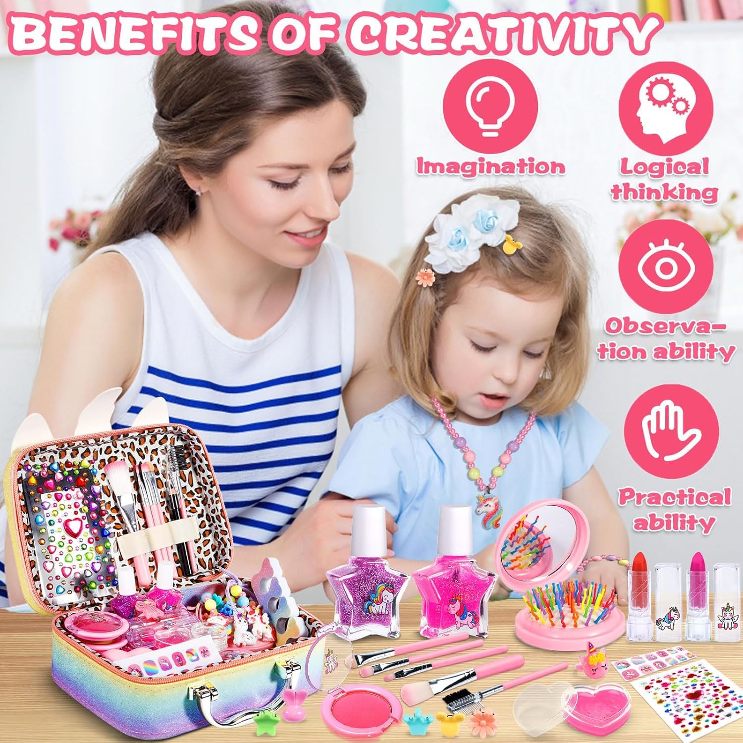 Kinderschminke Set Mädchen, 34 Stück Waschbar Make up Spielzeug für Mädchen, Schminkkoffer Schminkset Madchen Spielzeug, Schminke Kinder Geschenke für Madchen ab 5 6 7 8 9 10 Jahre