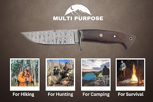 Miniatura 8 de Cuchillo de caza de Damasco hecho a mano con funda de cuero de transporte horizontal, cuchillo de hoja fija de espiga completa para campamento,