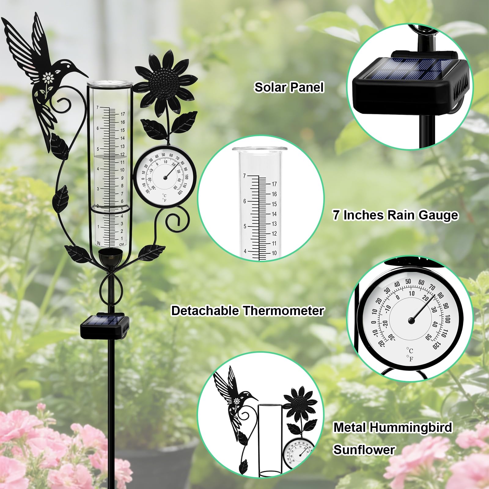 YJFWAL Kolibri-Regenmesser für den Außenbereich, dekorativer Metall-Sonnenblumen-Solar-Regenmesser mit LED-Licht und Thermometer, Gartendekoration für Hof, Rasen, Weg, Bauernhof
