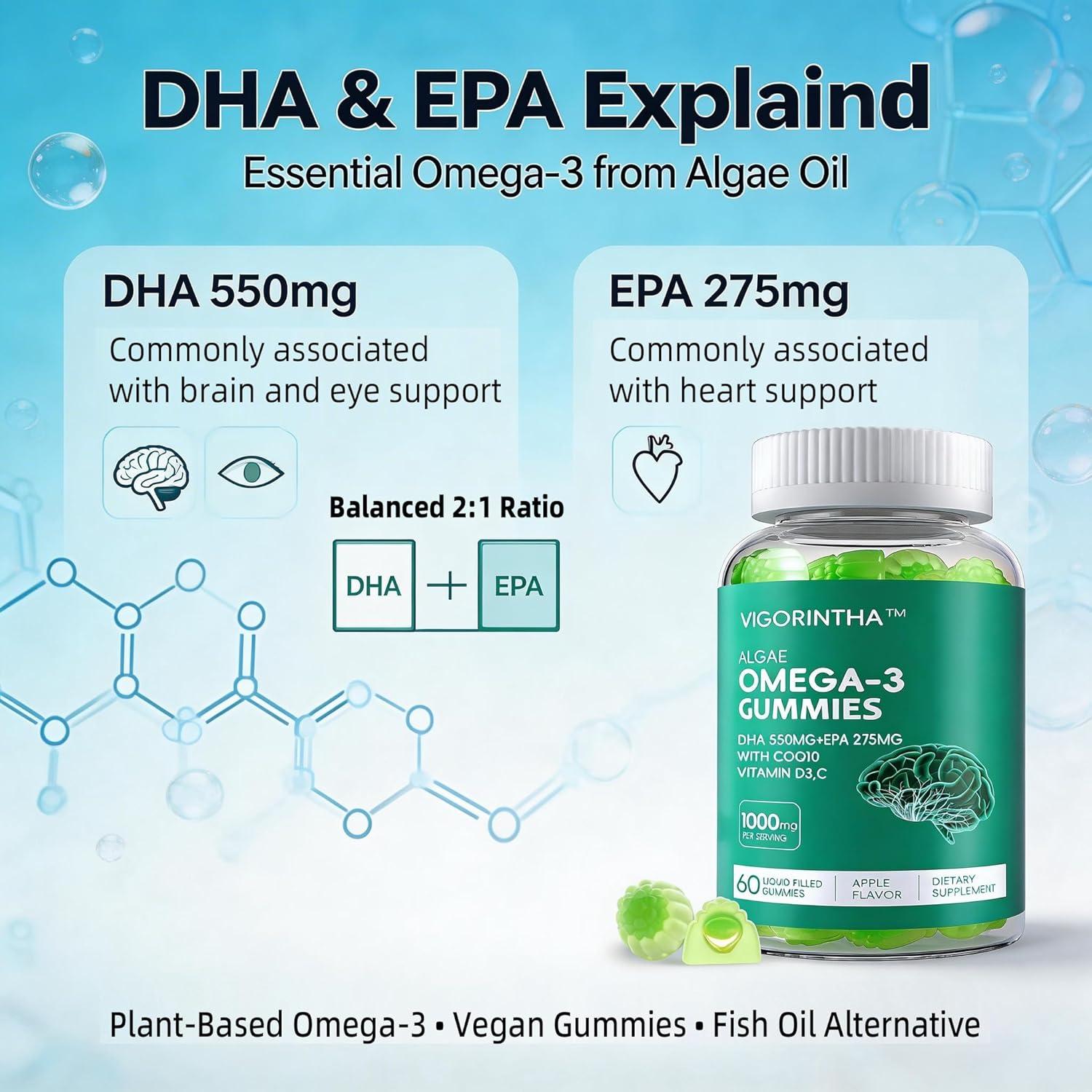 Vegan Omega-3 Algae Oil Supplement with DHA 300mg & EPA 150mg, Plant-Based Omega-3 with Vitamin D3 & K2, Fish-Free Algal Oil Softgels for Men & Women, 2 Pack, 120 Softgels, 60 Day Supply