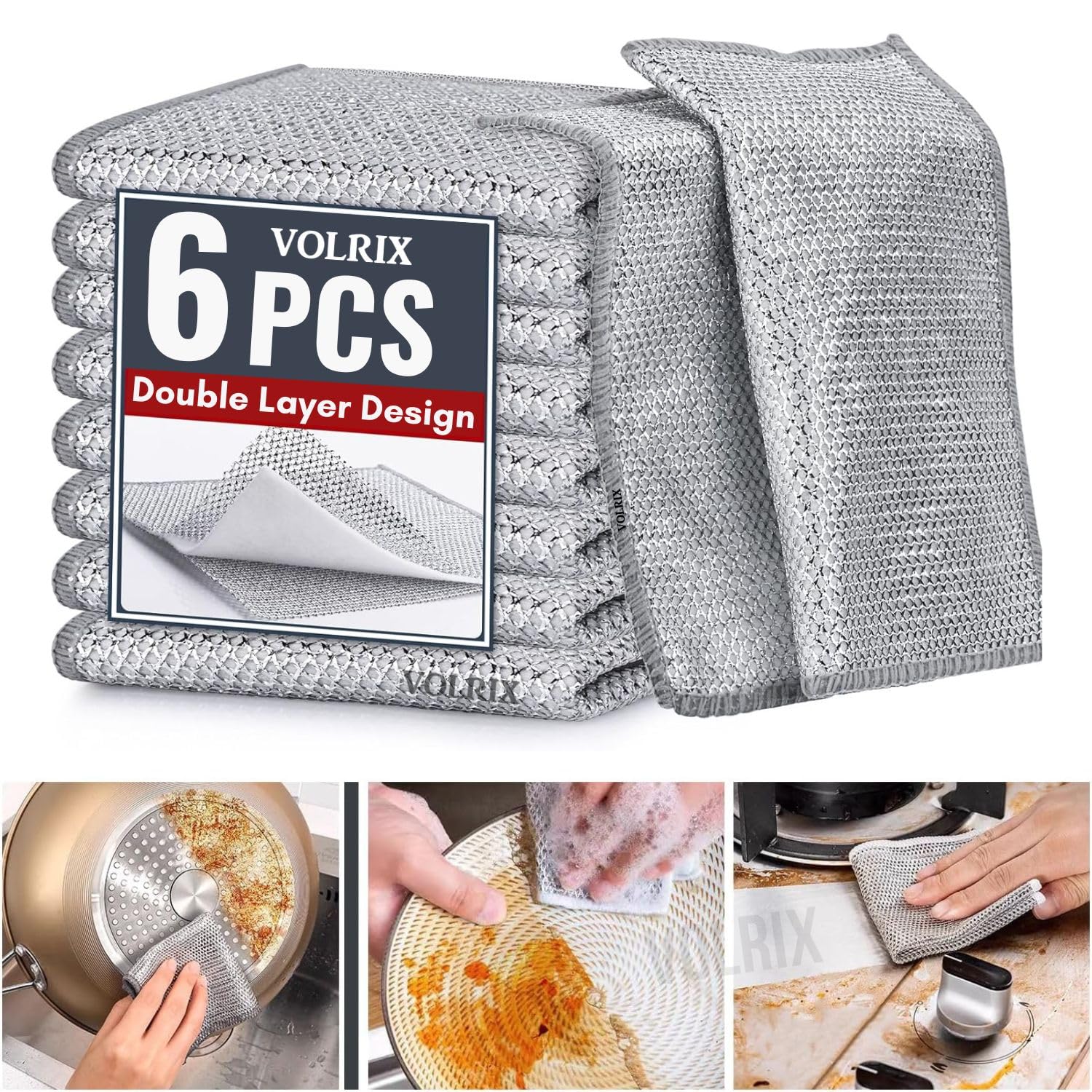 VOLRIX Non Scratch Dish Wash Cloth (Pack of 6), Two Layer Wire Dishwashing Rags Multipurpose Wire Dish Cloth for Wet and Dry Wire Dish Cloth for Kitchen Washing Dishes, Sinks, Counters, Stove Tops (B0D45TP7BN) Amazon Price History, Amazon Price Tracker
