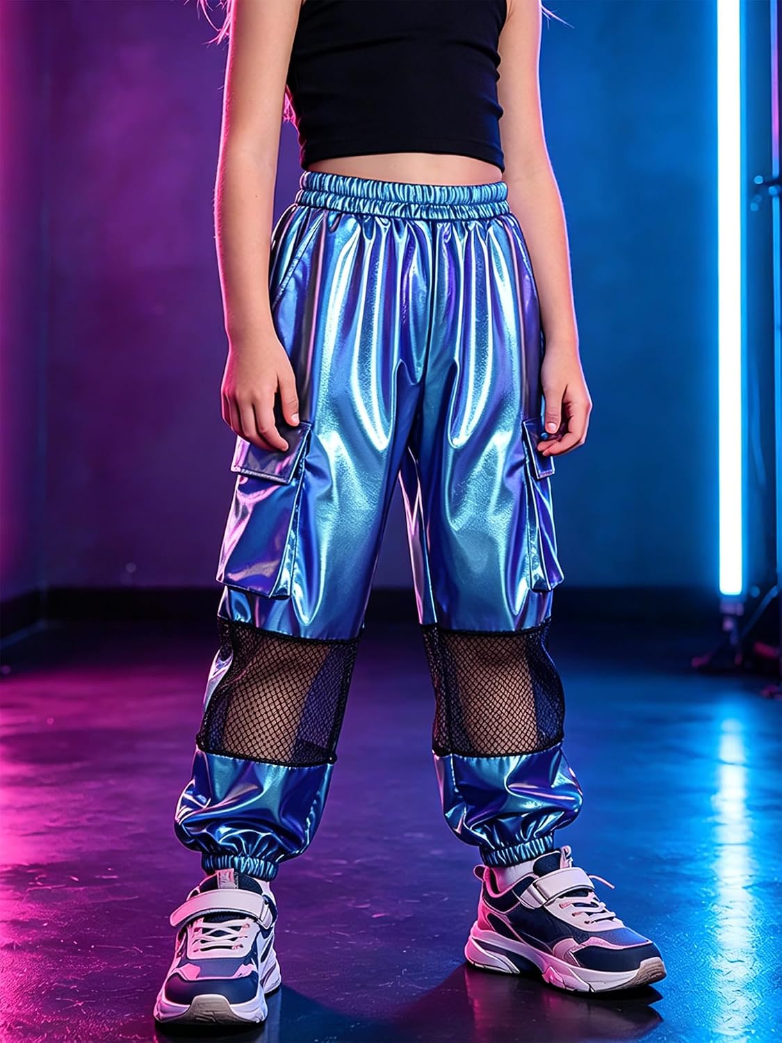 Jugaoge Girls Metallic Pants Sparkly Sweatpants Multi-Pocket Trousers Mesh Patchwork Bottoms for Dance Hip Hop