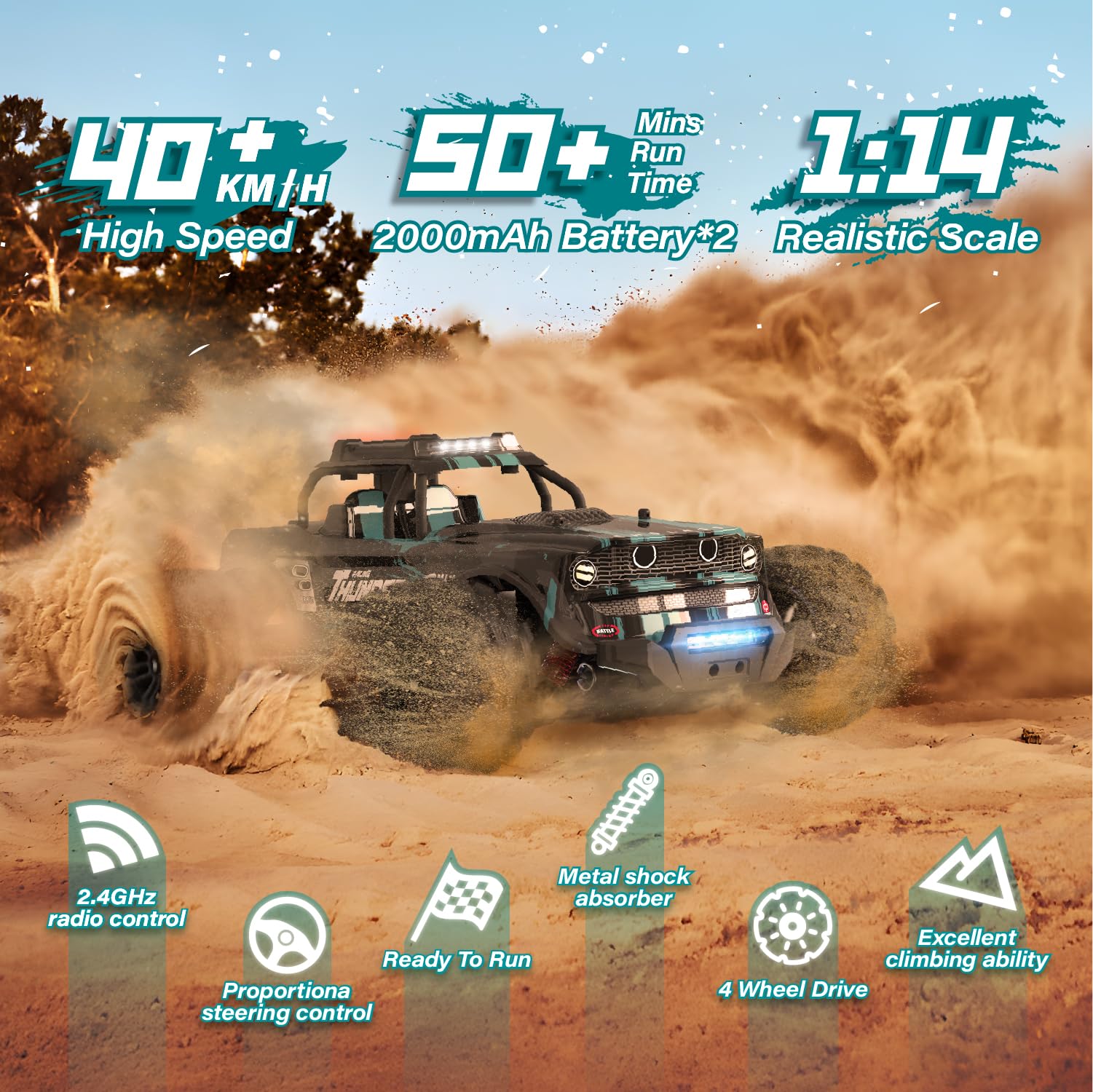 snookids Auto Telecomandata 1:14, Auto RC Fuoristrada 40 km/h 4WD Monster Truck RC con Luce Colorata, 2 Batterie, Auto da Corsa Fuoristrada da 2,4 GHz, Giocattolo Telecomandato per Bambini e Adulti
