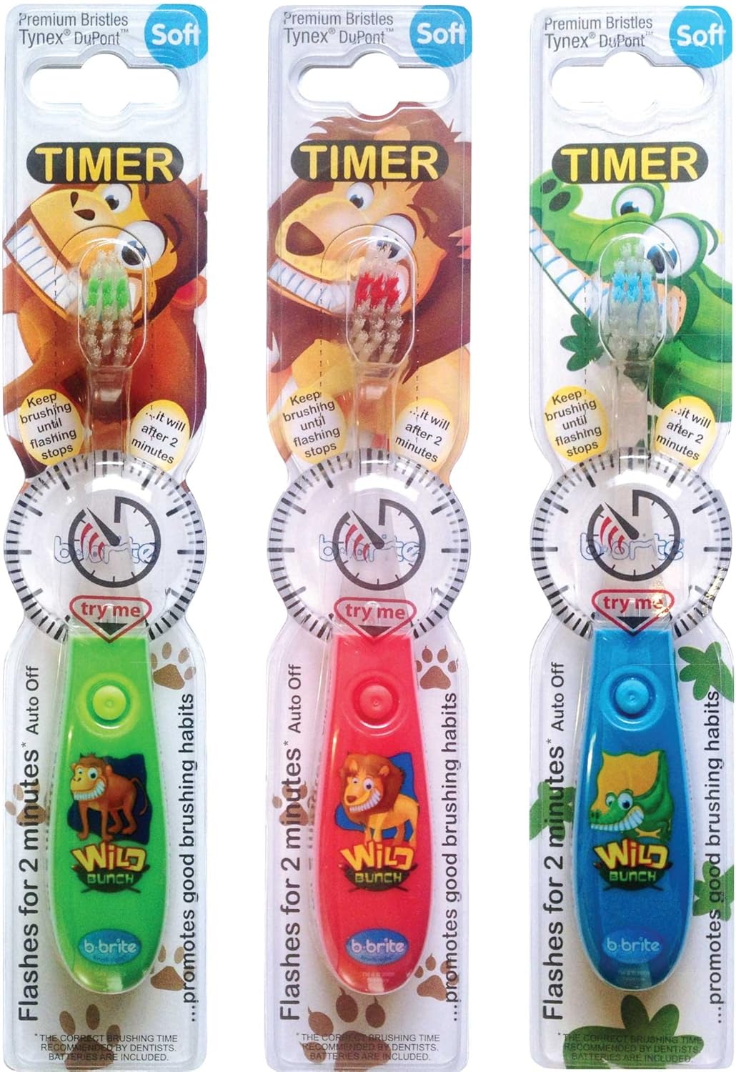 Children's Battery Powered Toothbrush with Flashing Timer - Pack of 3 (Wild Bunch - Boys)