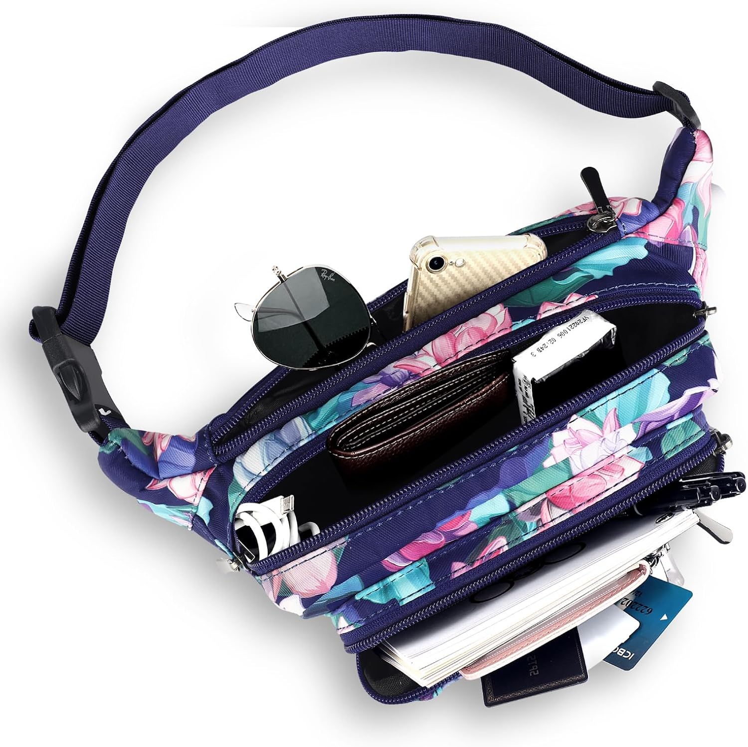 Waist Pack Bag Fanny Pack for Men&Women Hip Bum Bag with Adjustable Strap for Outdoors Workout Traveling Casual Running Hiking Cycling (New Blue Flowers-1) - Image 2