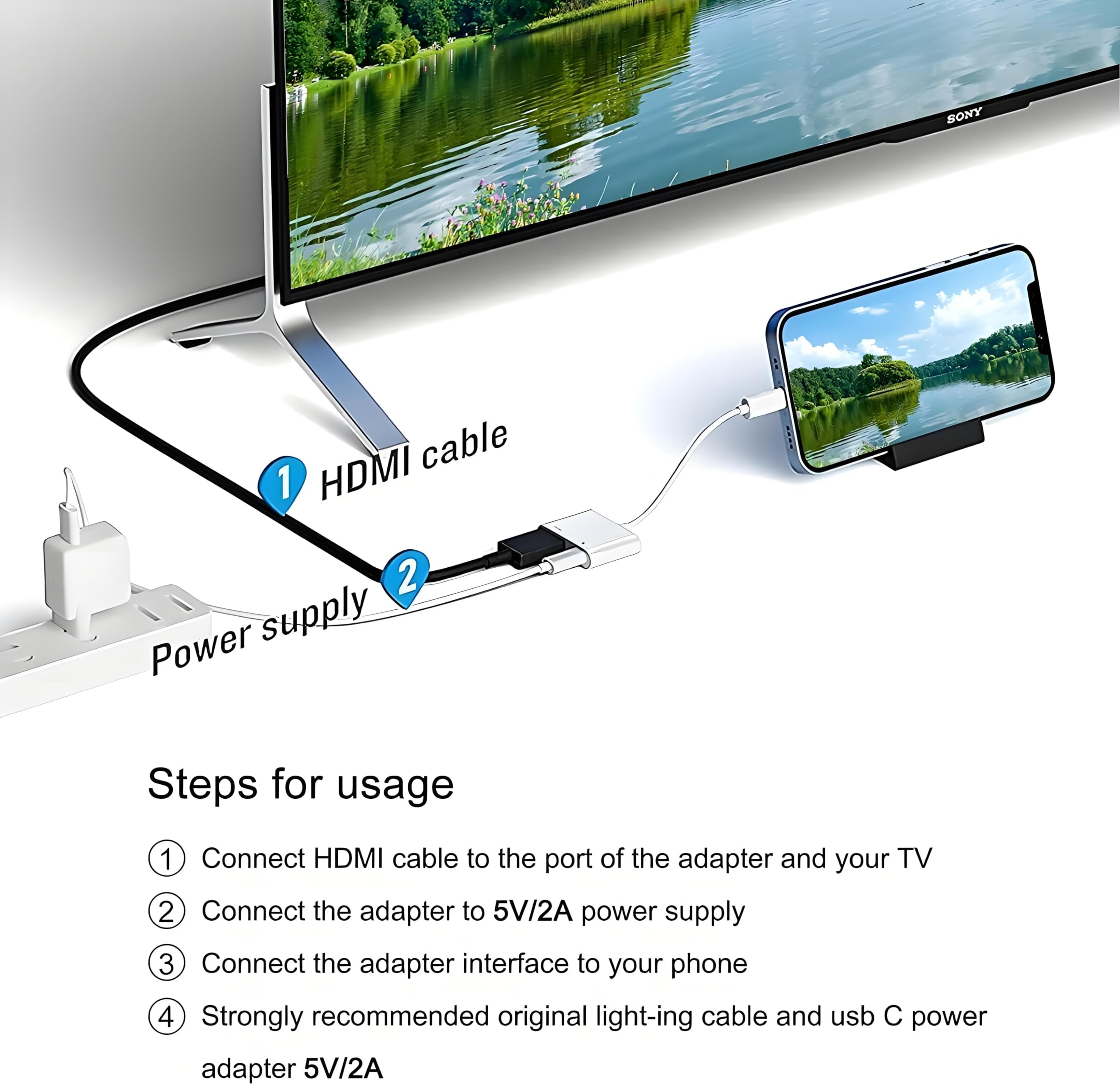 Loydia HDTV-adapter voor iPhone/iPad naar tv, 1080P digitale AV-adapter met oplaadpoort voor iPhone, iPad, iPod op HDTV/projector/monitor