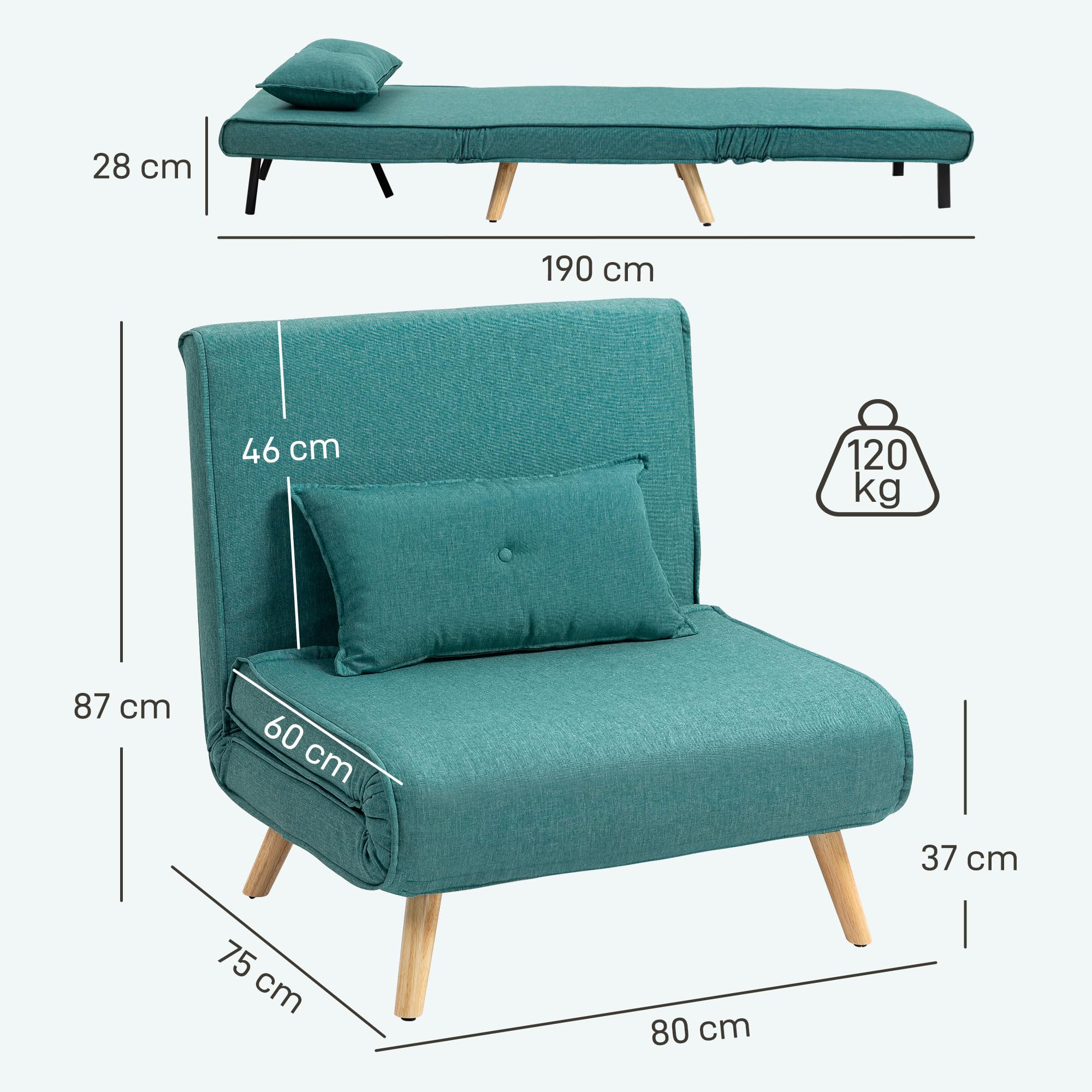 HOMCOM Poltrona convertibile 1 posto 3-in-1 con cuscino verde