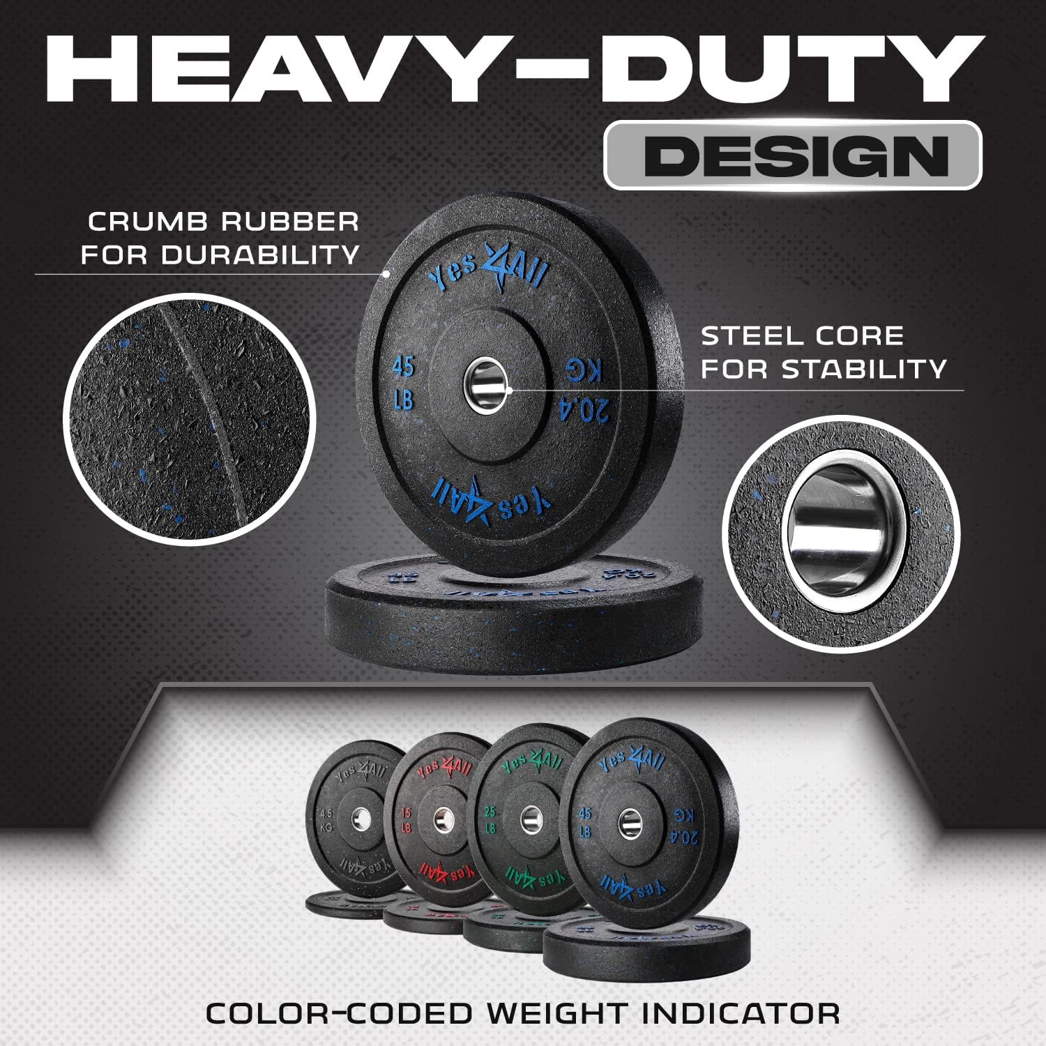 Yes4All 2" Bumper Plate, 10-190 LB Olympic Rubber Weight Plate with Steel Hub for WeightLifting, Strength Training, Home Gym, Less Impact, Absorb Bounce & Shock, Multiple Options