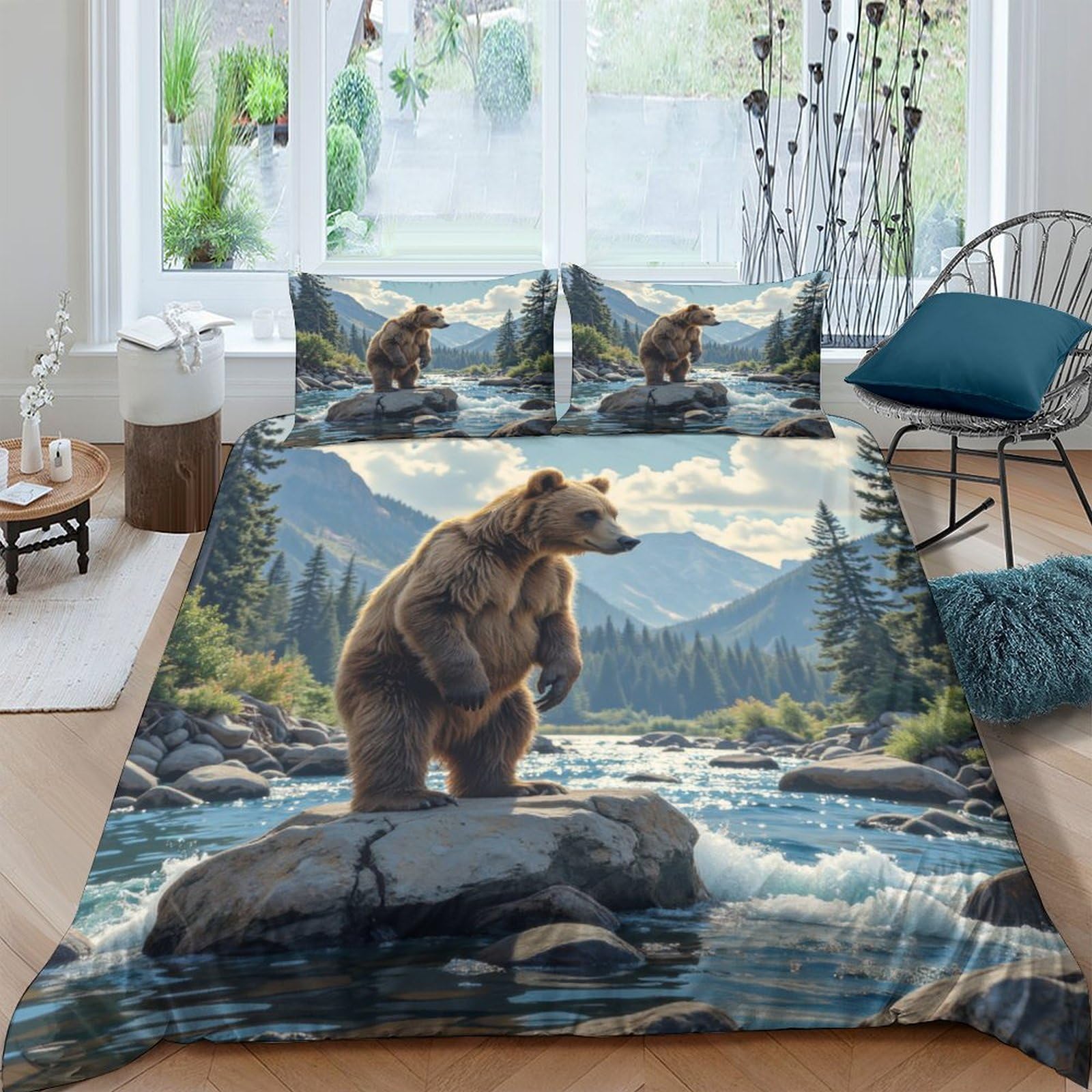 Ctjqhvkz Style-7 3D Printed Bear River Fitted Sheet Microfiber Soft Breathable Mountain Forest Bed Cover For Bedroom Dorm Decor Single（135X200cm）