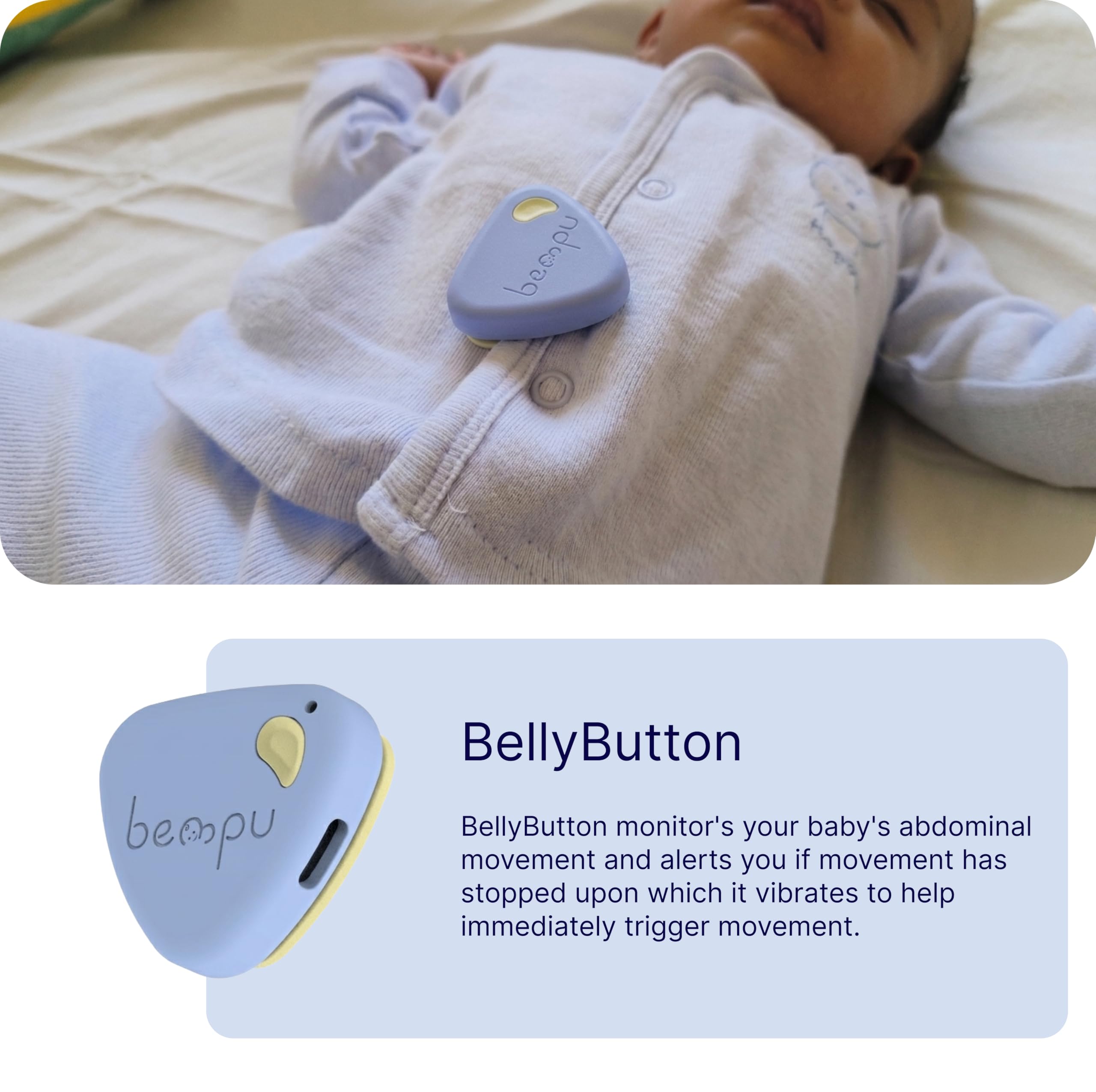 Bellybutton - Baby monitor intelligente per un sonno più sicuro con vibrazioni delicate, notifiche tramite app, facile da agganciare, portatile, materiali di grado medico e design non